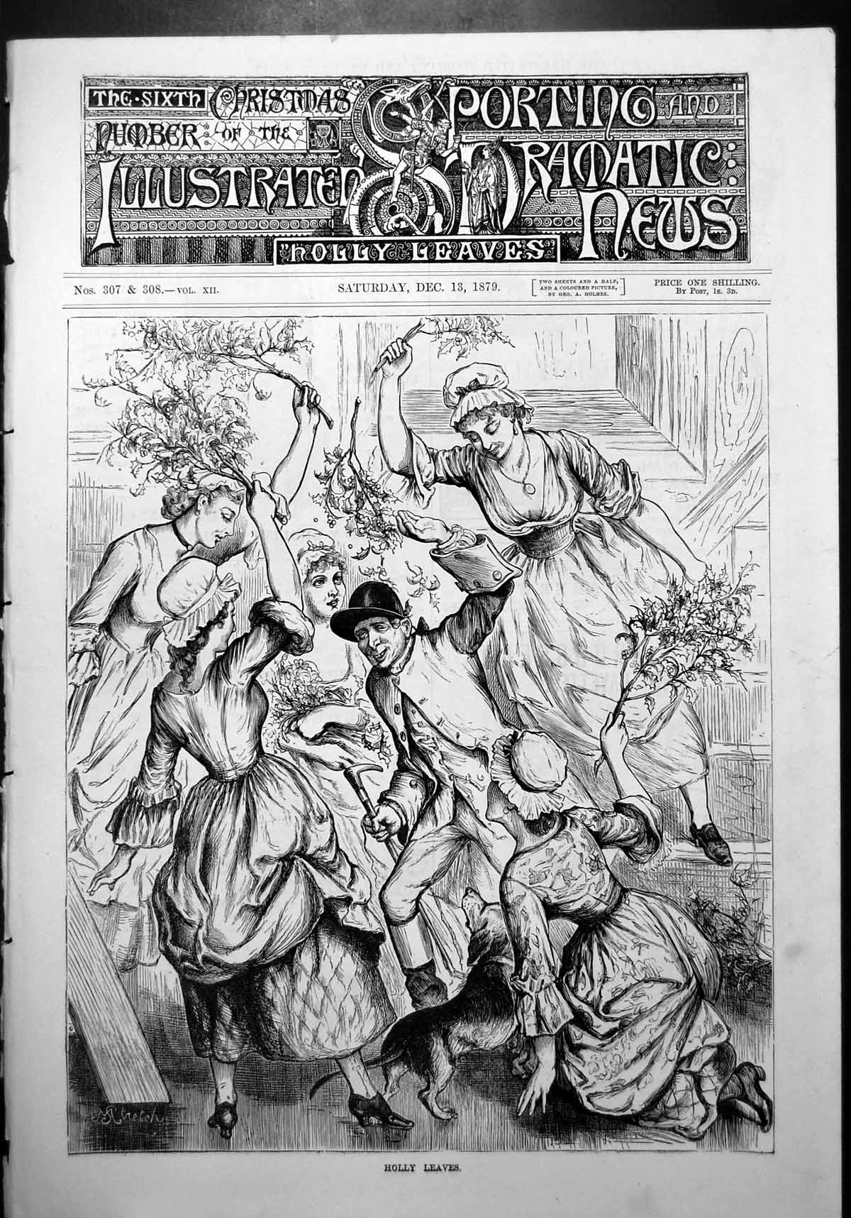 Old Holly Leaves Frontispiece Maidens Circle Gentleman Dog Boughs 1879 19th