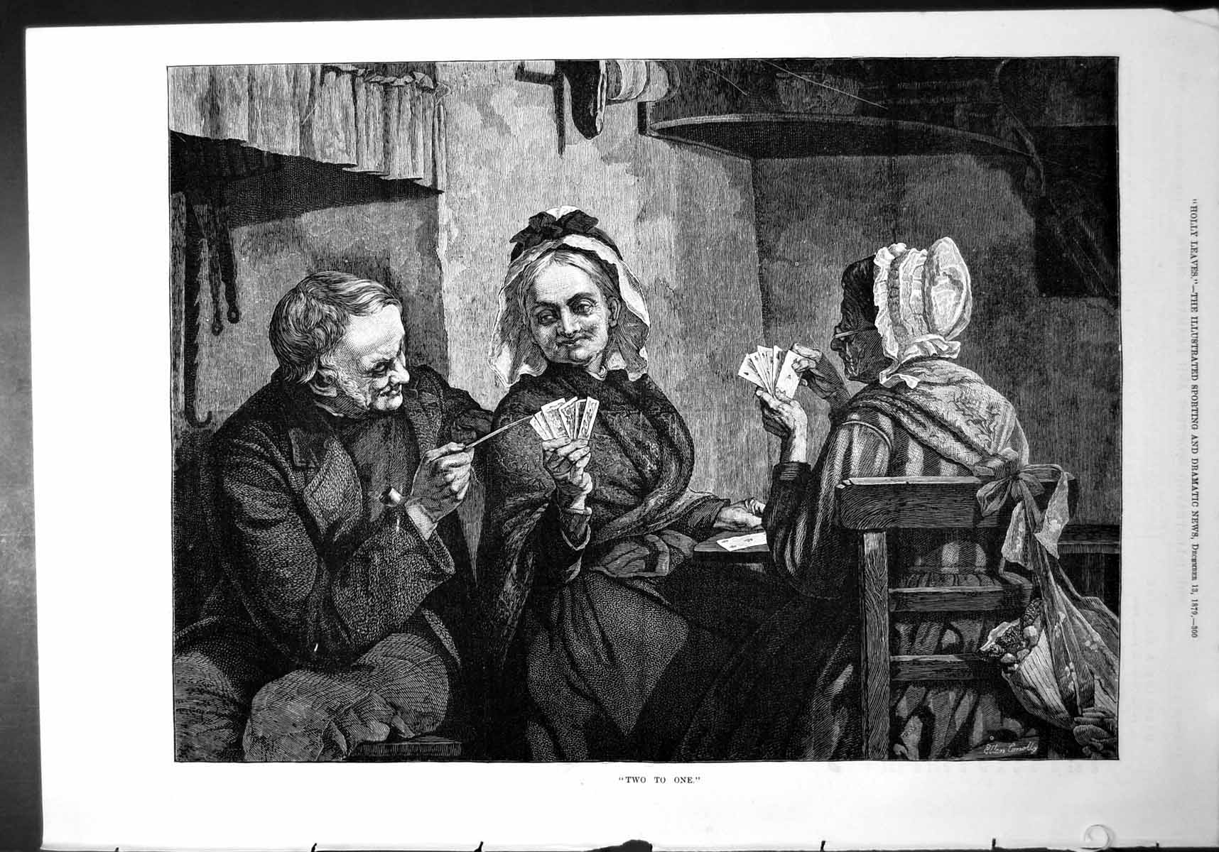 Antique Old Print Folk Playing Cards Two One Pipe Mob Caps Ellen Conolly 1879