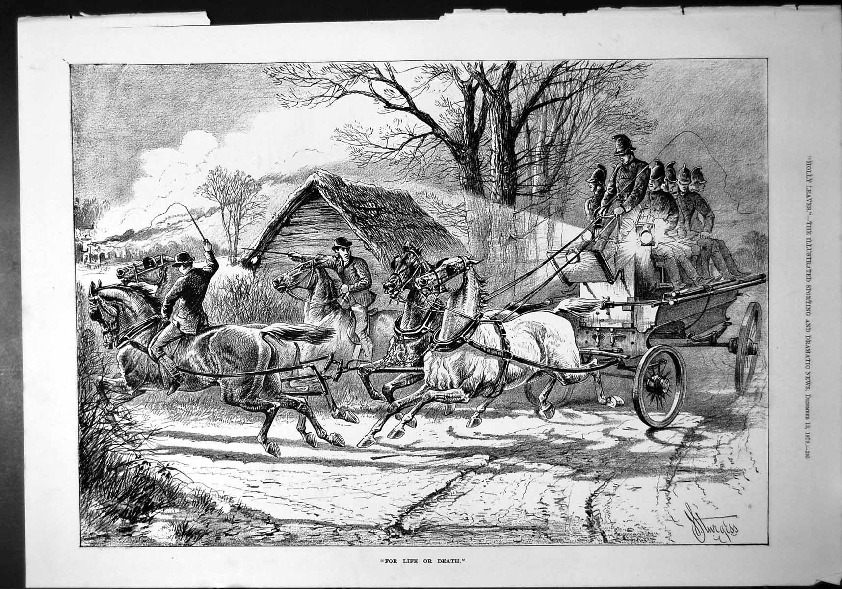 Old For Life Or Death Firefighters Rushing House Horses Carriage 1879 Victorian