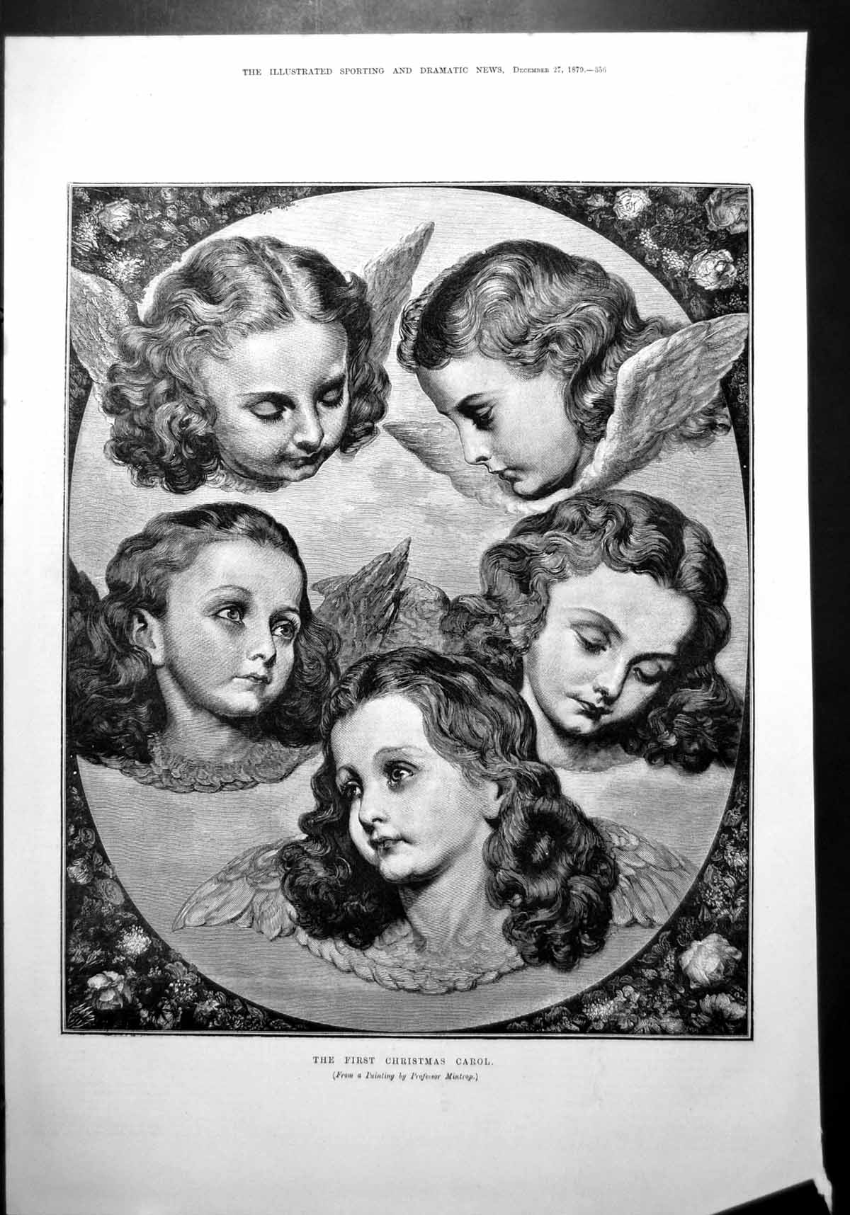 Old Print First Christmas Carol From Painting PrMintrop Girl Angels 1879 19th
