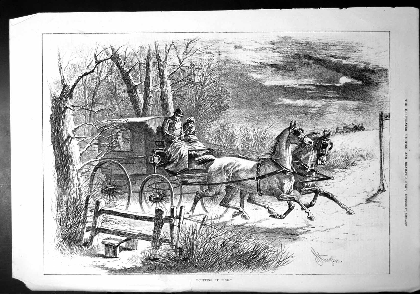 Old Print Cutting It Fine Racing Carriage Night Time Lanterns Horses 1879 19th