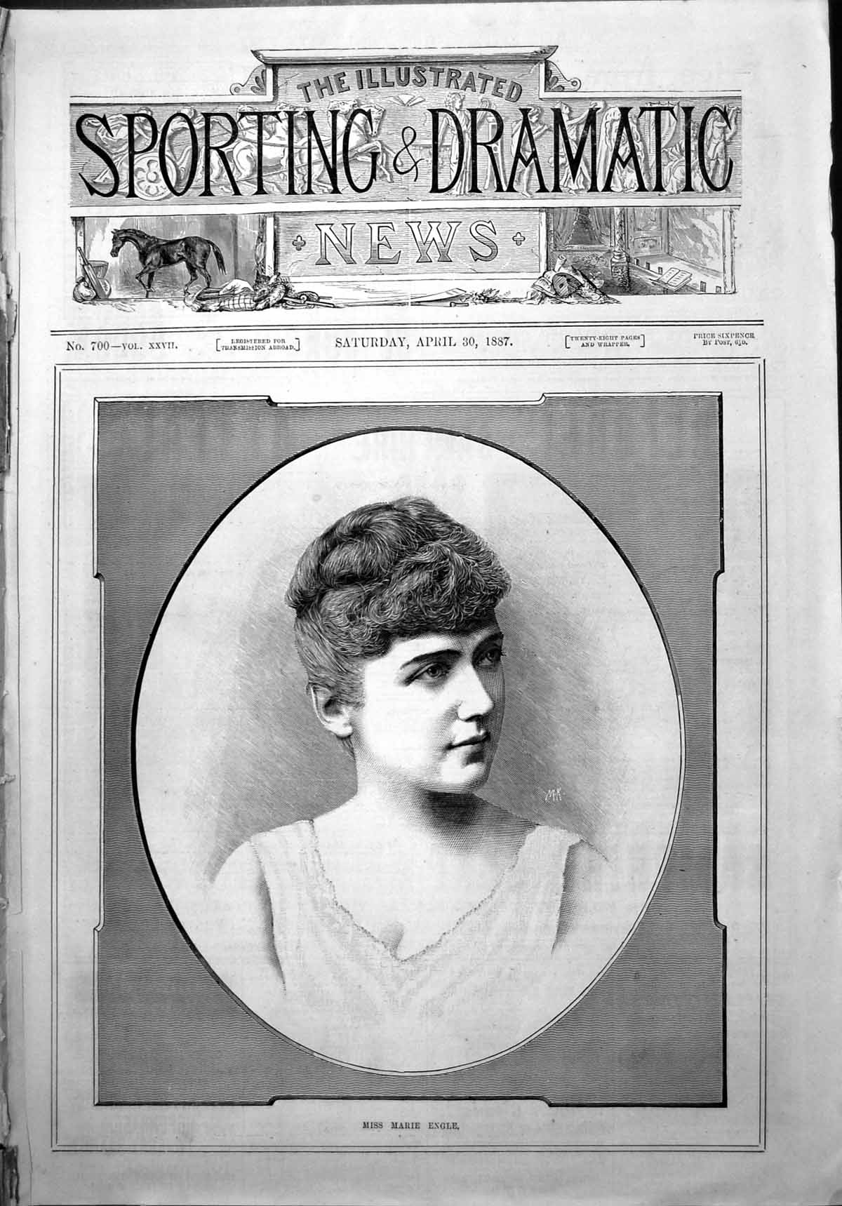 Old Print Miss Marie Engle Portrait Frontispiece Dress Initials M.K. 1887 19th