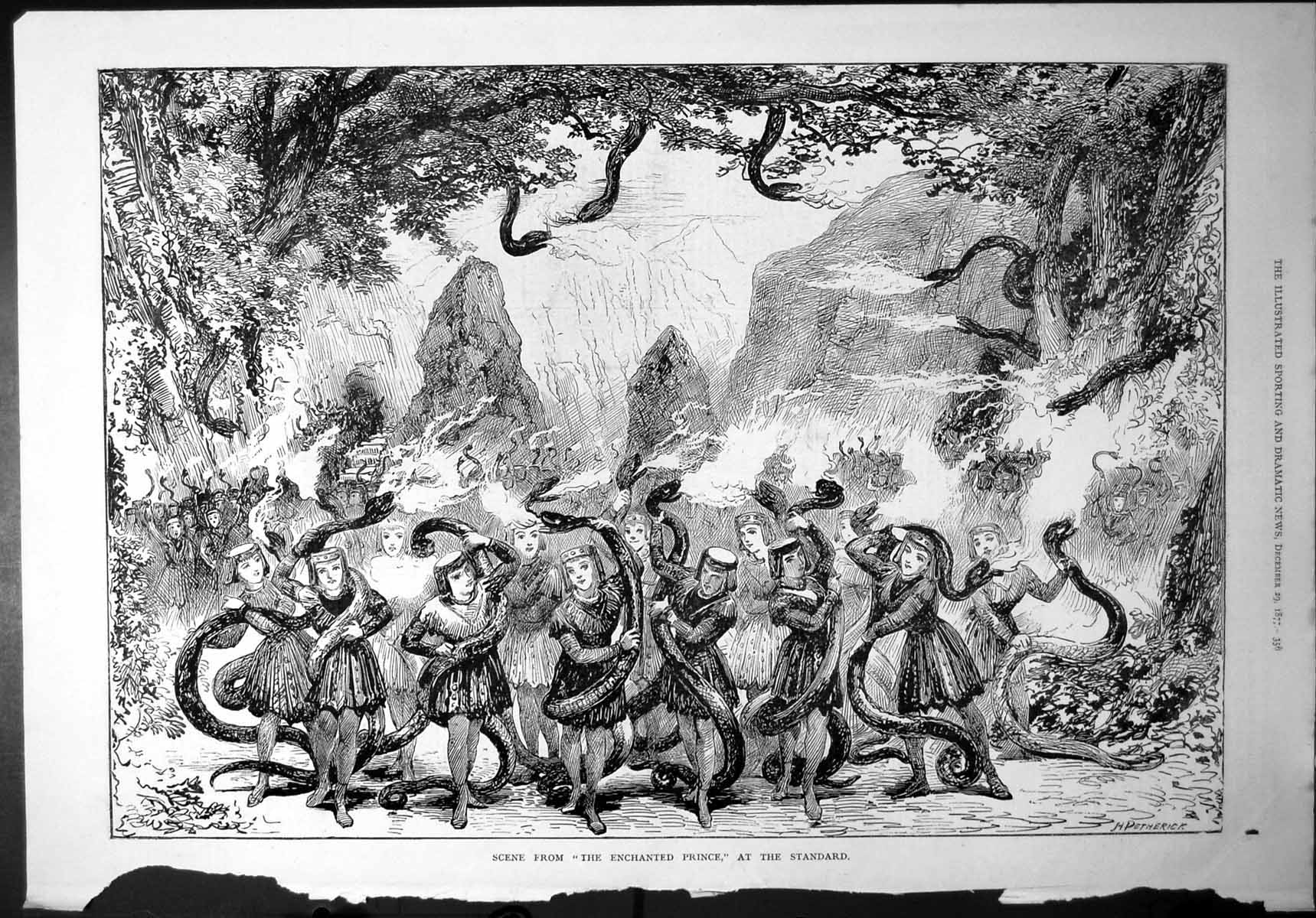 Antique Print Scene Enchanted Princess Standard Theatre Dancing Snakes 1877
