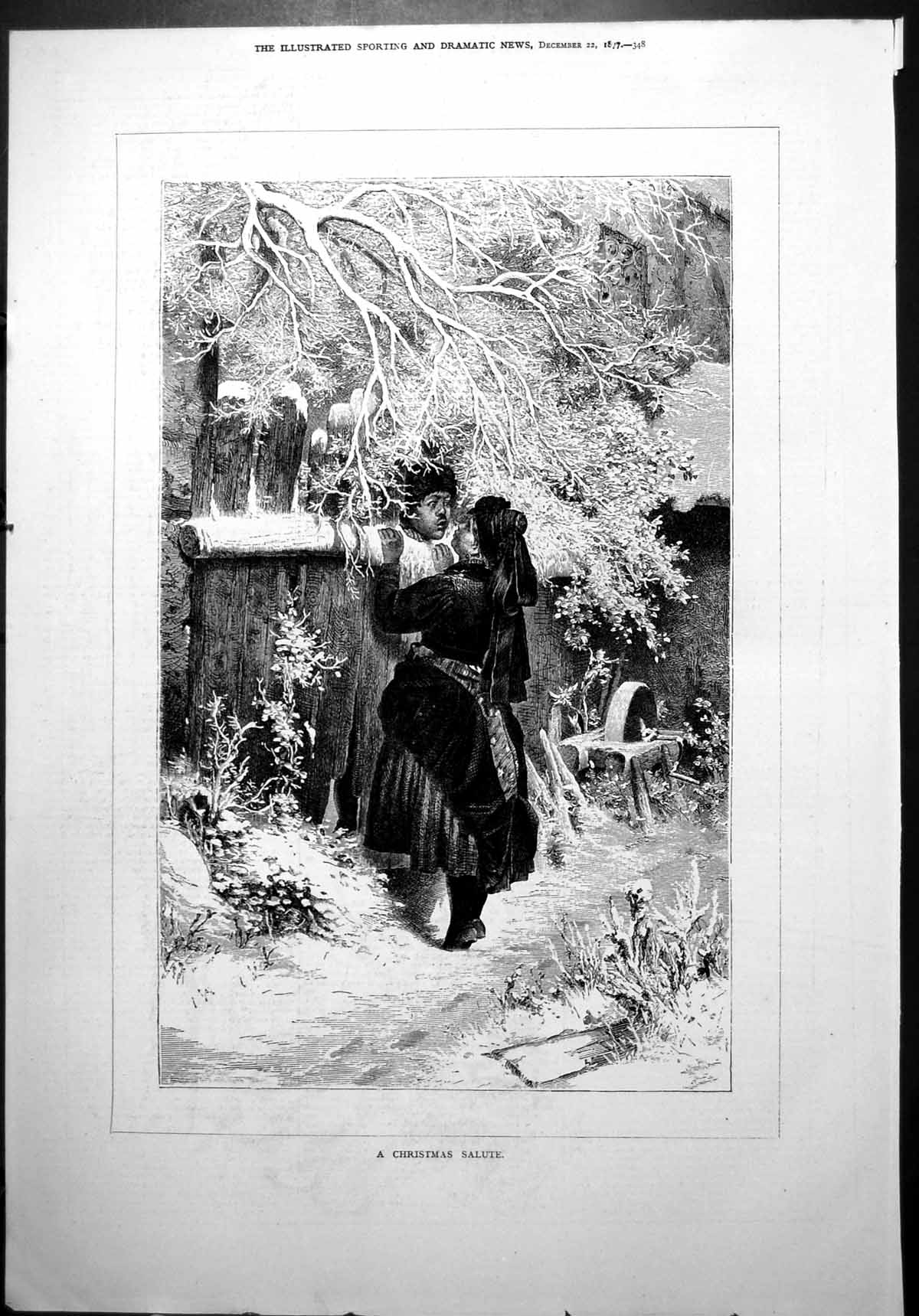 Old Christmas Salute Black Lady Gentleman Kiss Over Garden Fence 1877 Victorian