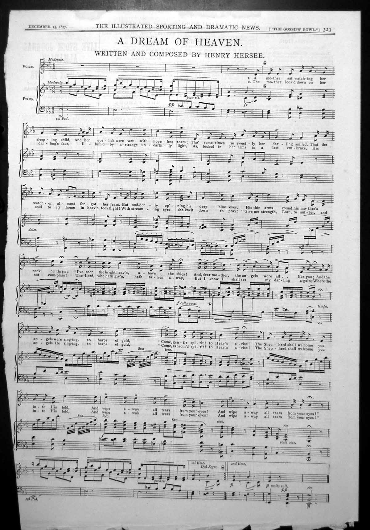 Antique Old Print Dream Heaven Sheet Music Written Composed Henry Hersee 1877