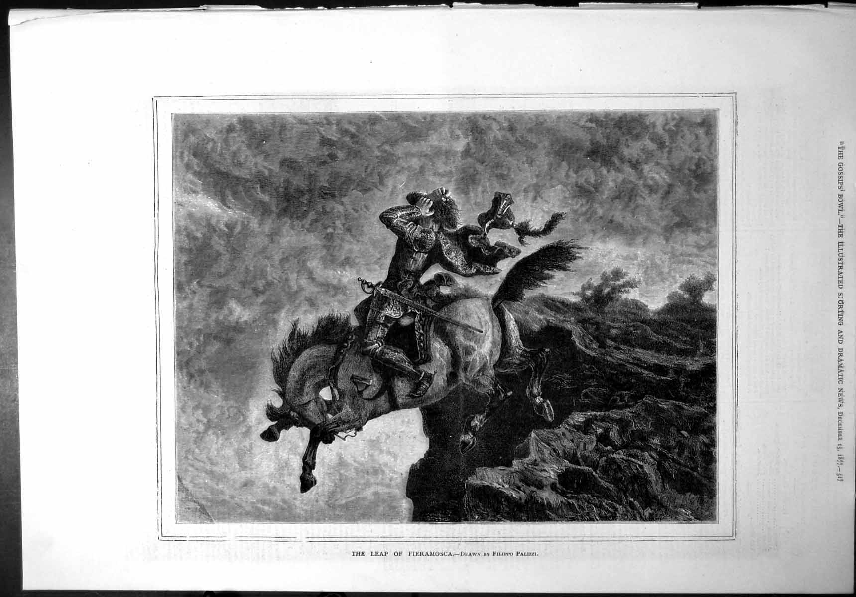 Antique Print Leap Fieramosca Drawn Filippo Paalizzi Horse Rider Cliff Edge