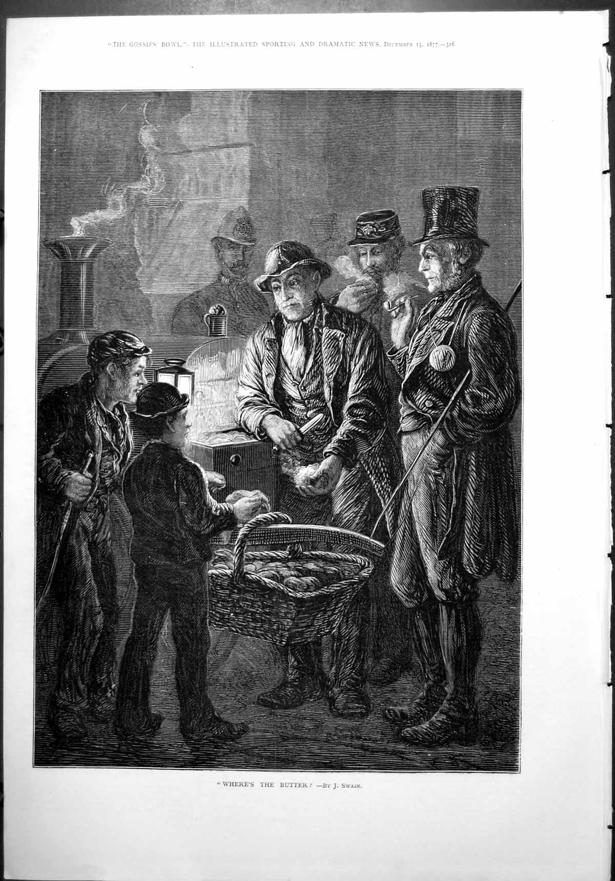 Old Print Wheres Butter J. Swain Boy Basket Rolls Gaslight Men Knife 1877 19th