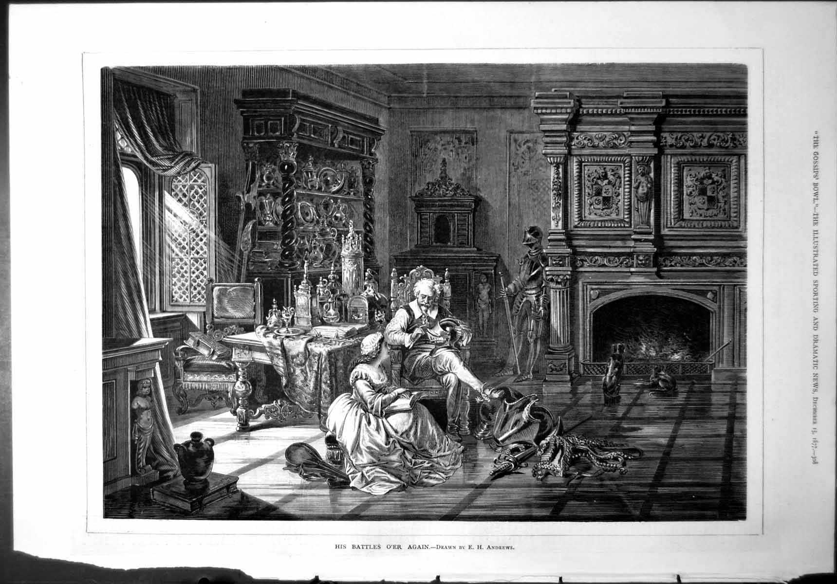Old His Battle'S O'Er Again Seated Lady Gentleman Knight Drawing Room