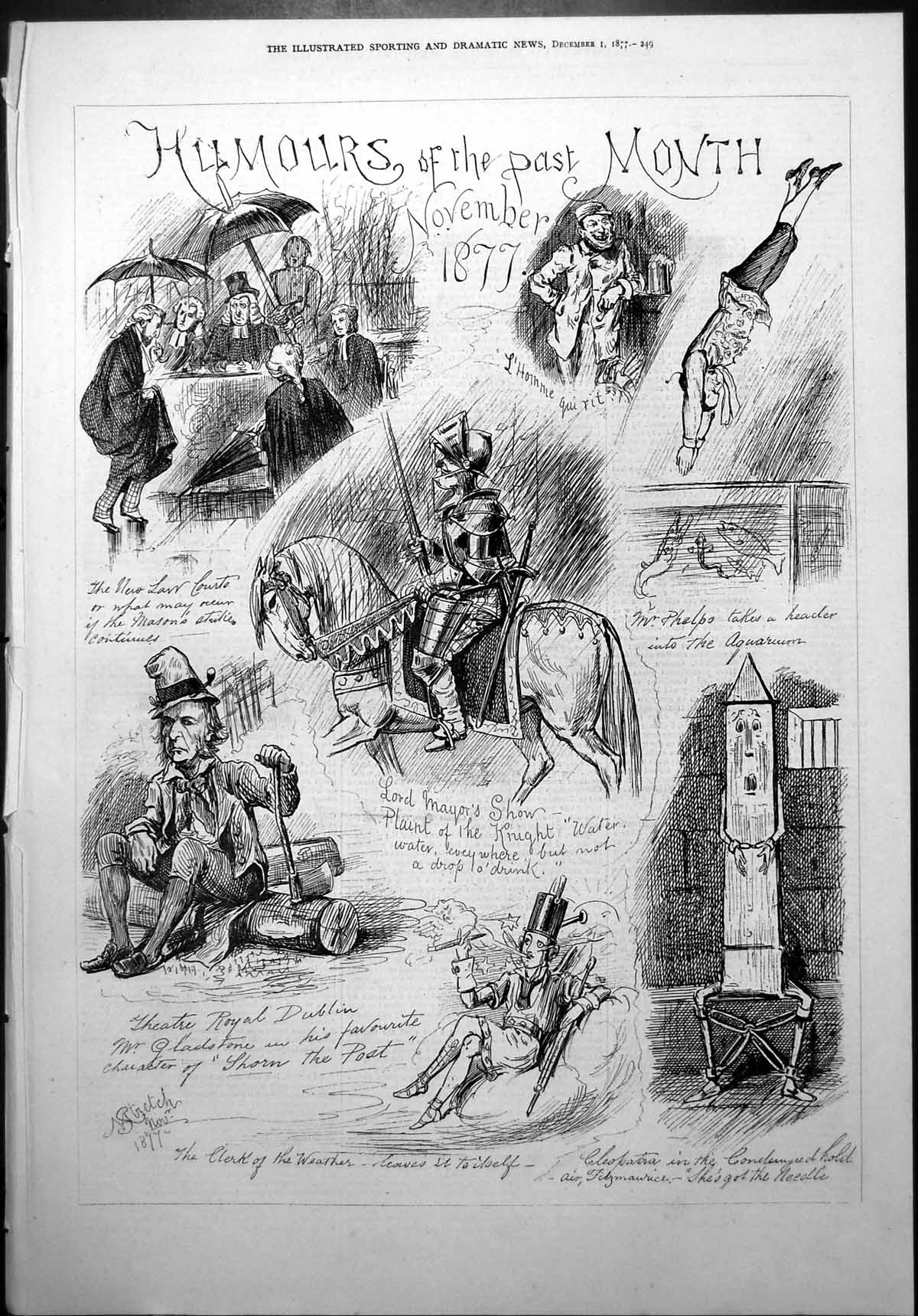 Old Antique Print Humours Past Month November Knight Armour Cleopatra1877 19th