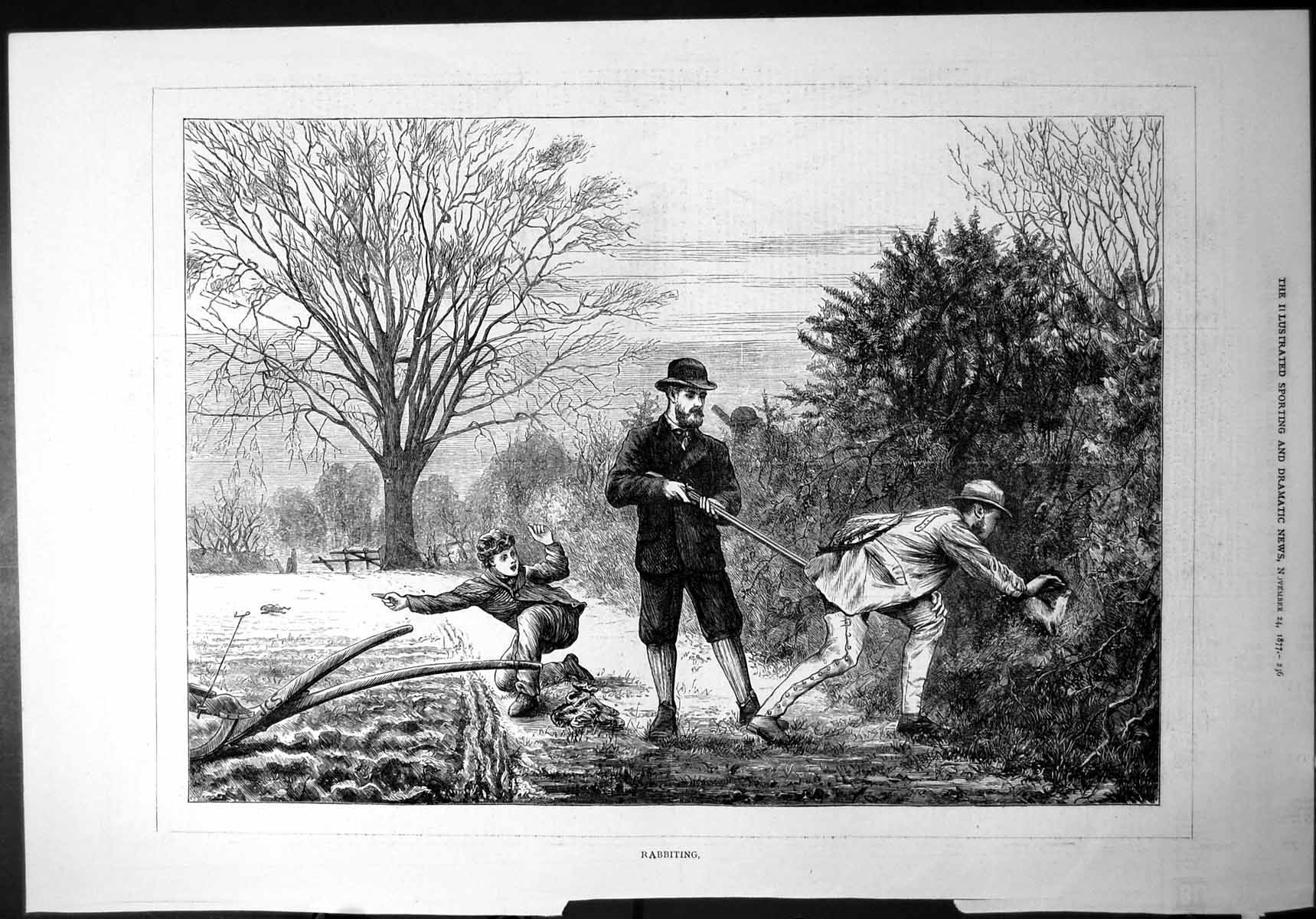 Antique Print Rabbiting Gun Gentleman Boy Plough Trees Hedge Breeches 1877 19th