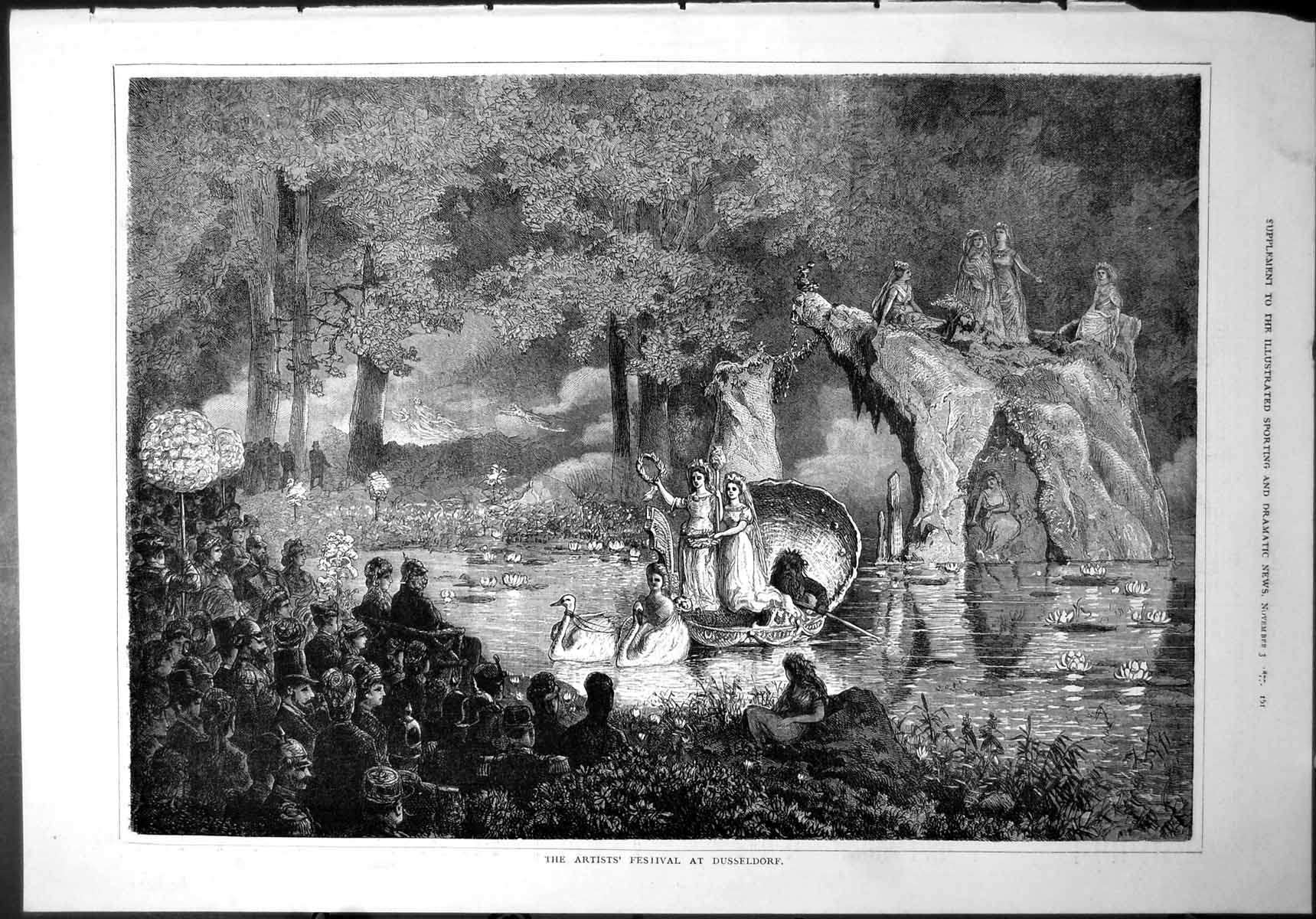 Old Artists' Festival Dusseldorf Swans Shell Boat Lake Audience Trees