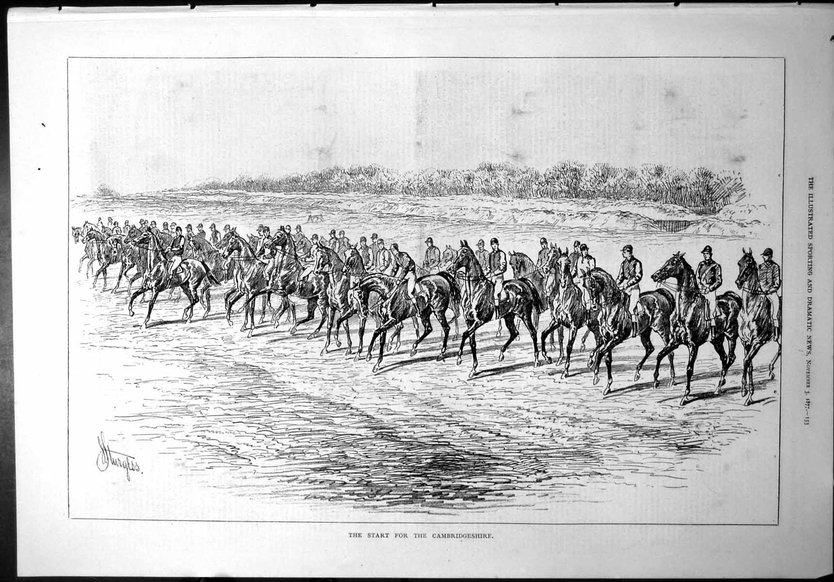 Old Print Start Cambridgeshire Race Horses Riders No Stalls Jockeys 1877 19th