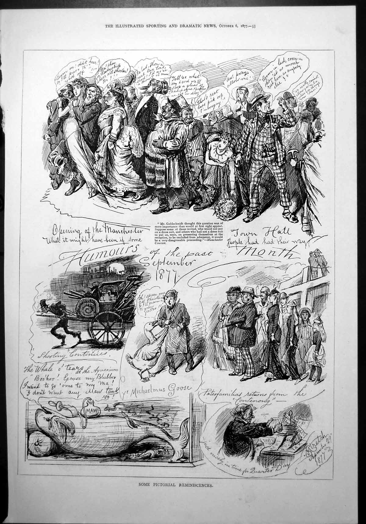 Antique Print Humours Past Month September Manchester Town Hall Whale 1877 19th