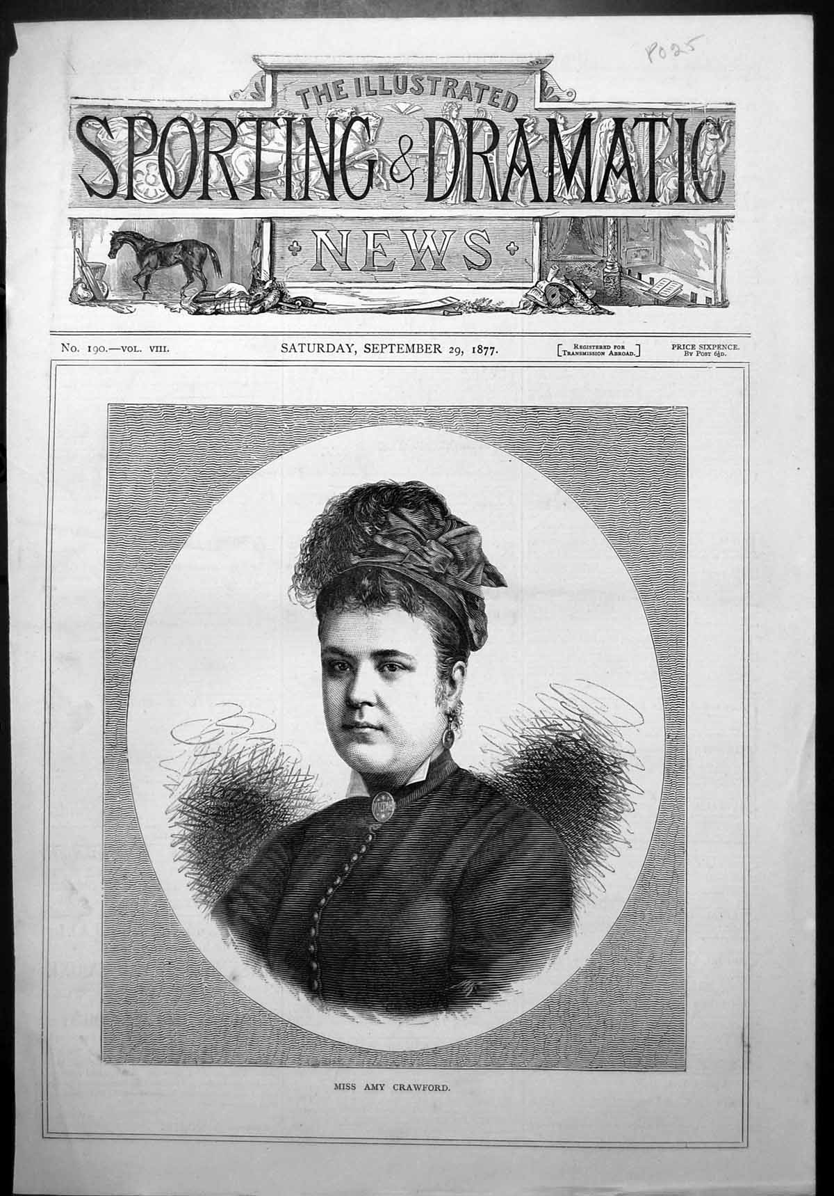 Old Print Frontispiece Miss Amy Crawford High Buttoned Blouse Brooch 1877 19th