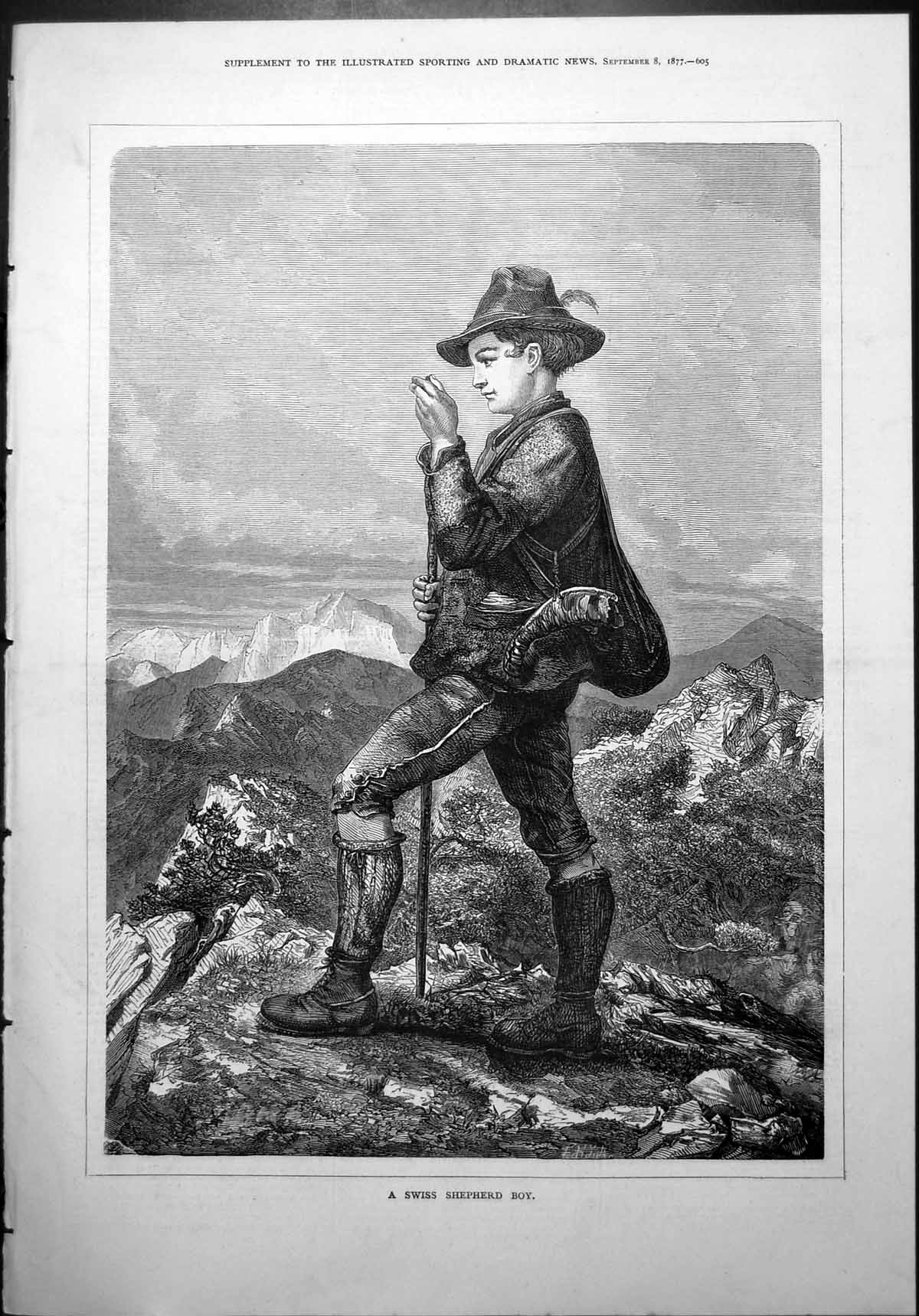 Old Swiss Shepherd Boy Boots Socks Hat Horn Bag Alps Scenery Rock 187 Victorian