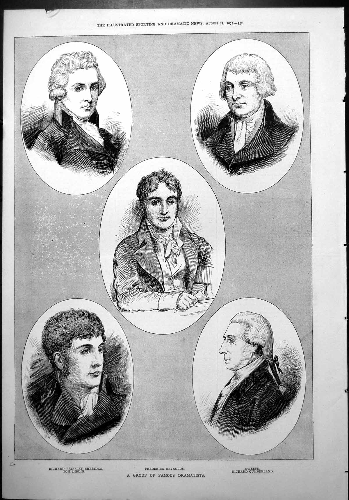 Old Print Famous Dramatists Sheridan Reyns O'Keefe Dibdin Cumberland 187 19th
