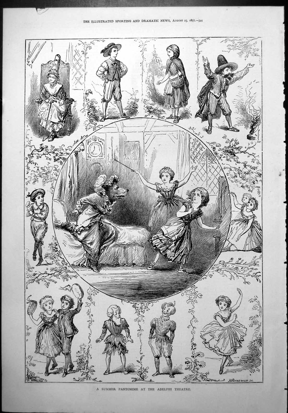 Antique Old Print Summer Pantomime Adelphi Theatre H Petherick Sketches 1877