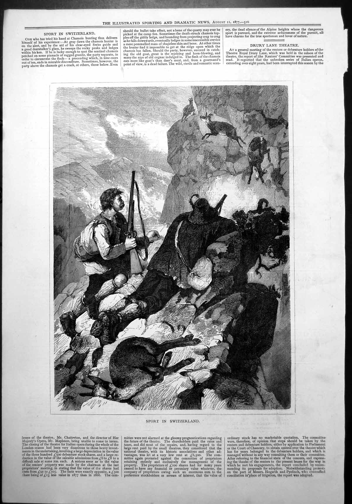 Antique Print Sport Switzerland Hunting Deer Mountainside Rocks Boots 1877 19th
