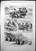 Old Print Bank Holiday Thames Rowing Canoe Yacht Gentlemen Drinking 1877 19th