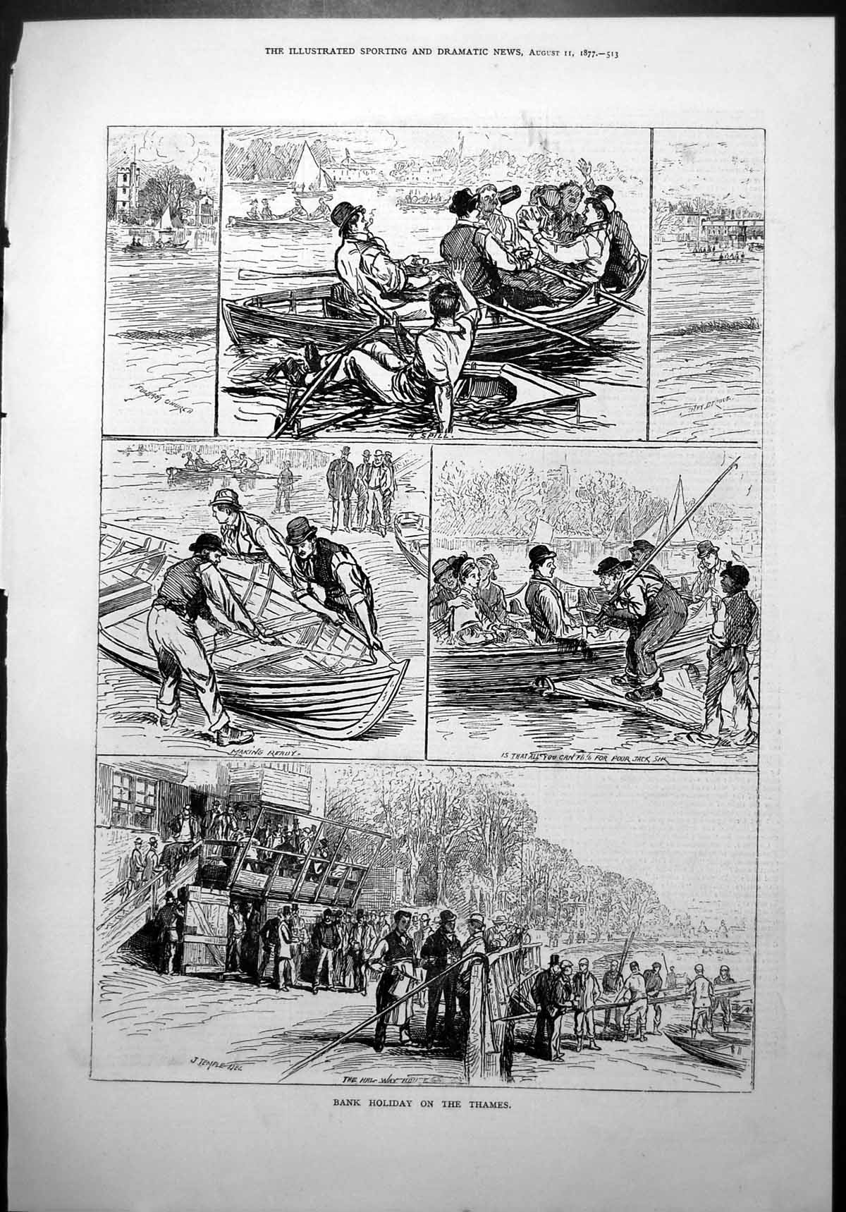 Old Print Bank Holiday Thames Rowing Canoe Yacht Gentlemen Drinking 1877 19th
