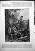 Old Art Nature Man Reclining Under Tree Lady Chatting Over Fence 1877 Victorian