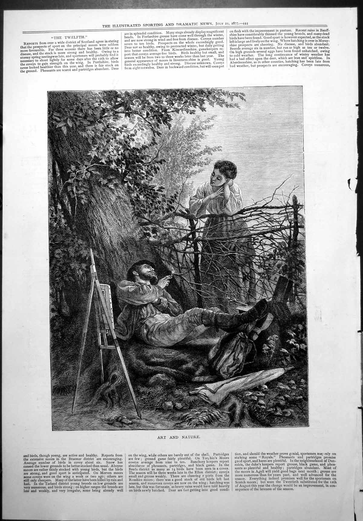 Old Art Nature Man Reclining Under Tree Lady Chatting Over Fence 1877 Victorian