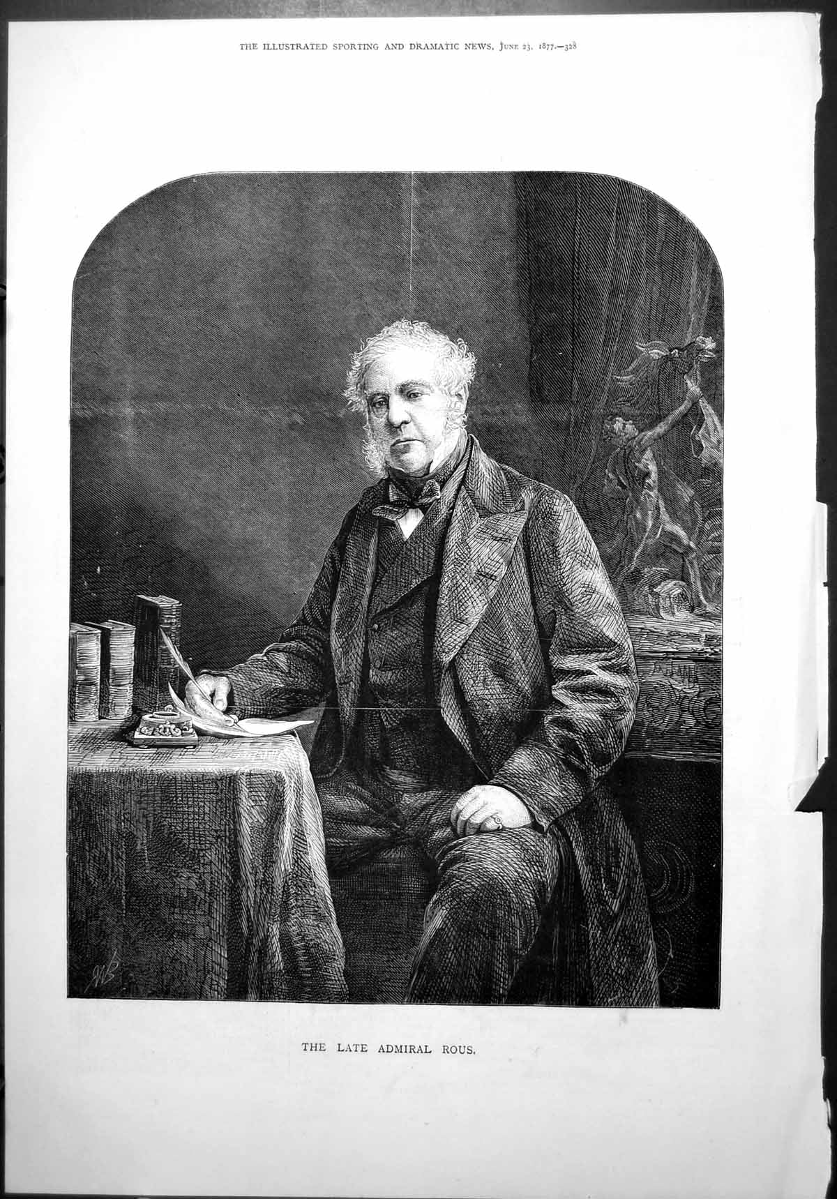Old Character Portrait Late Admiral Rous Table Penning Letter Books
