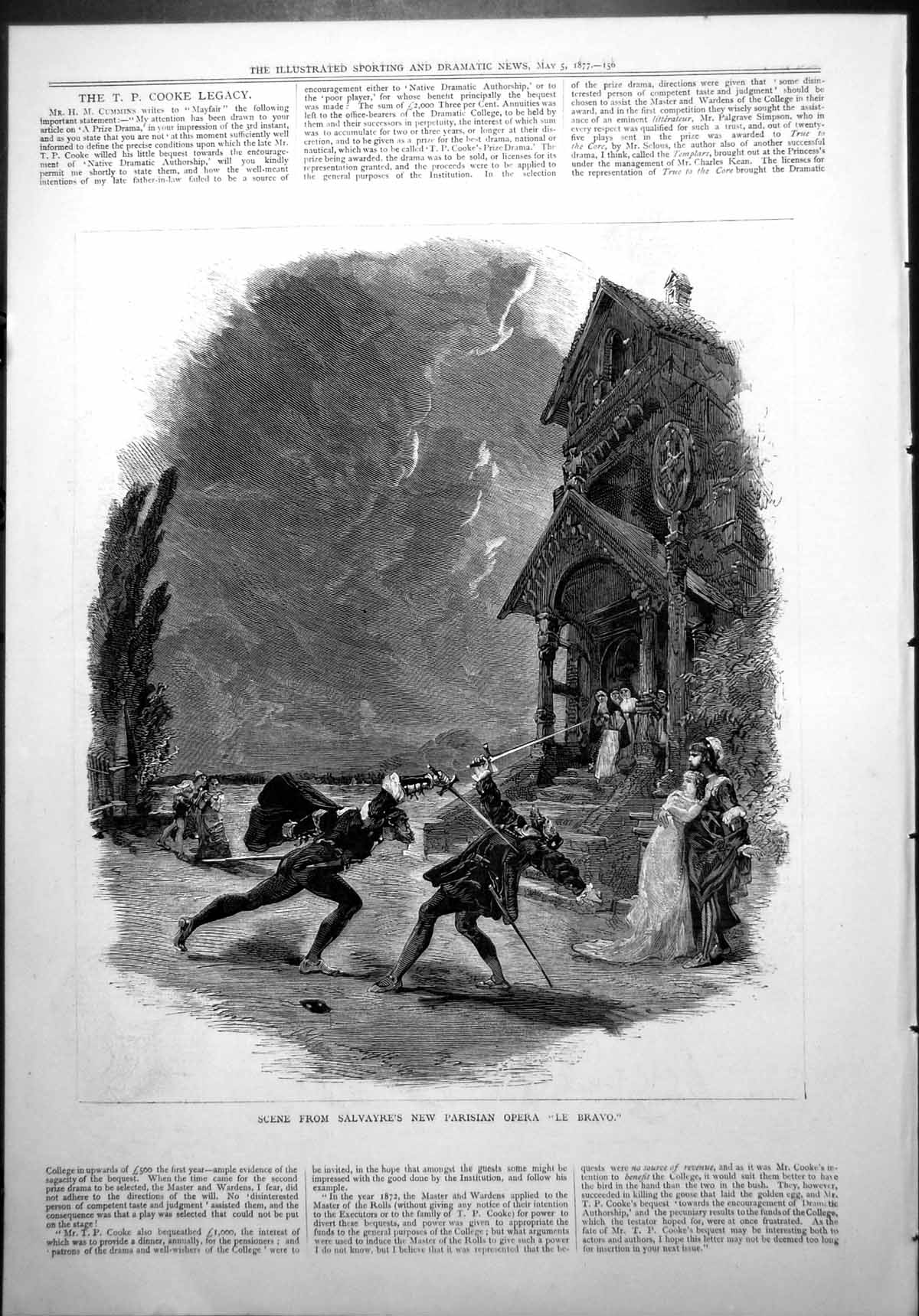 Old Print Scene Salvayre'S New Parisian Opera ?Le Bravo? Sword Fight 1877 19th