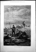 Old Print Dutch Salmon Fishing Mending Nets Seat On Rods Small Boats 1877 19th