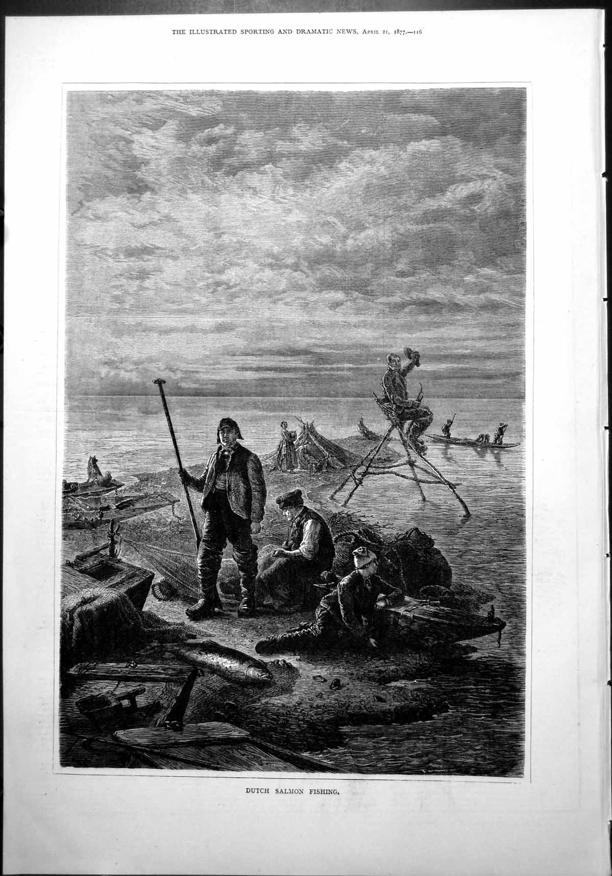 Old Print Dutch Salmon Fishing Mending Nets Seat On Rods Small Boats 1877 19th