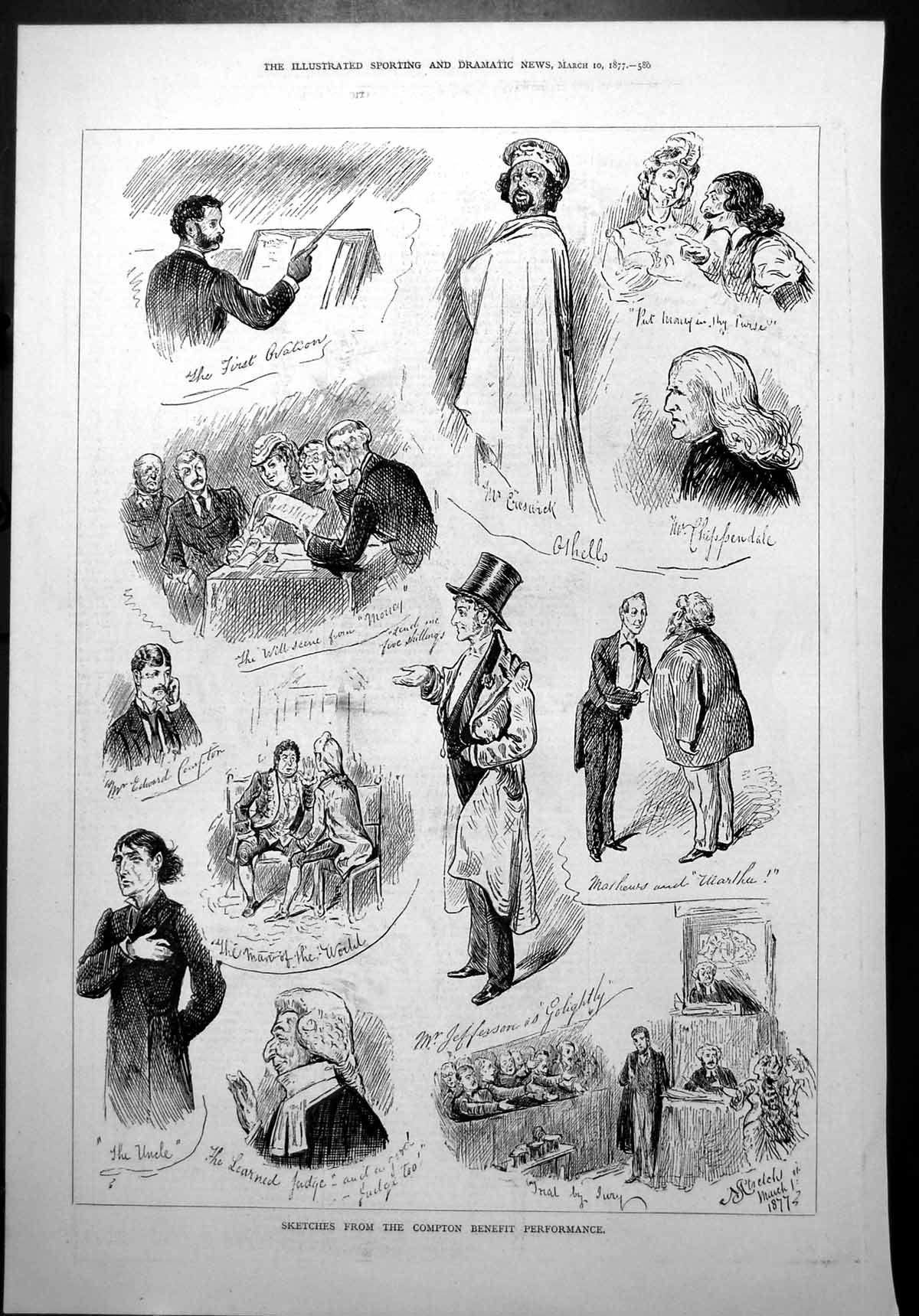Old Sketches Compton Benefit Performance Wigs Top Hat Conductor 1877 Victorian