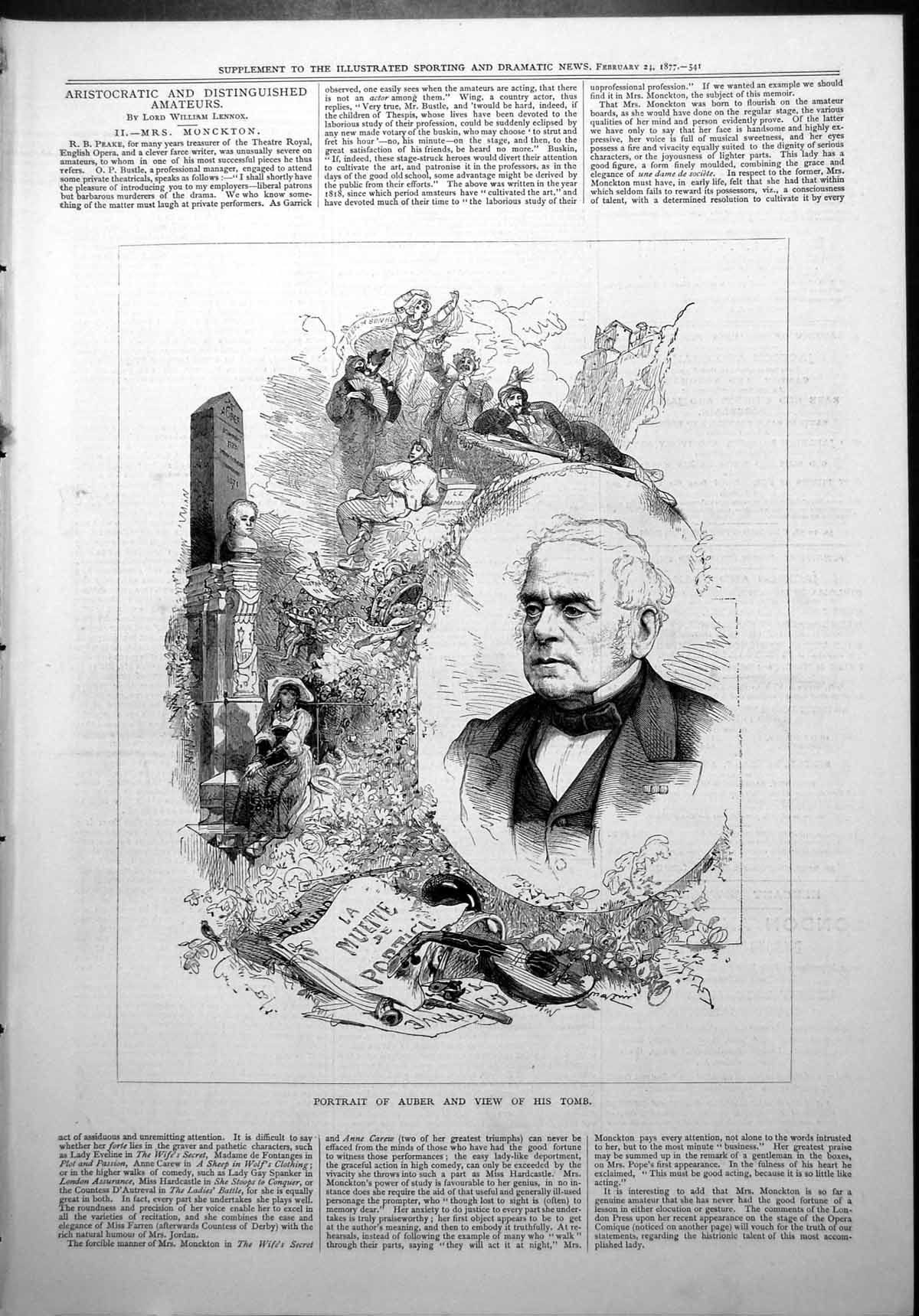 Antique Print Portrait Auber View Tomb Musical Instrument Flowers Lady 1877