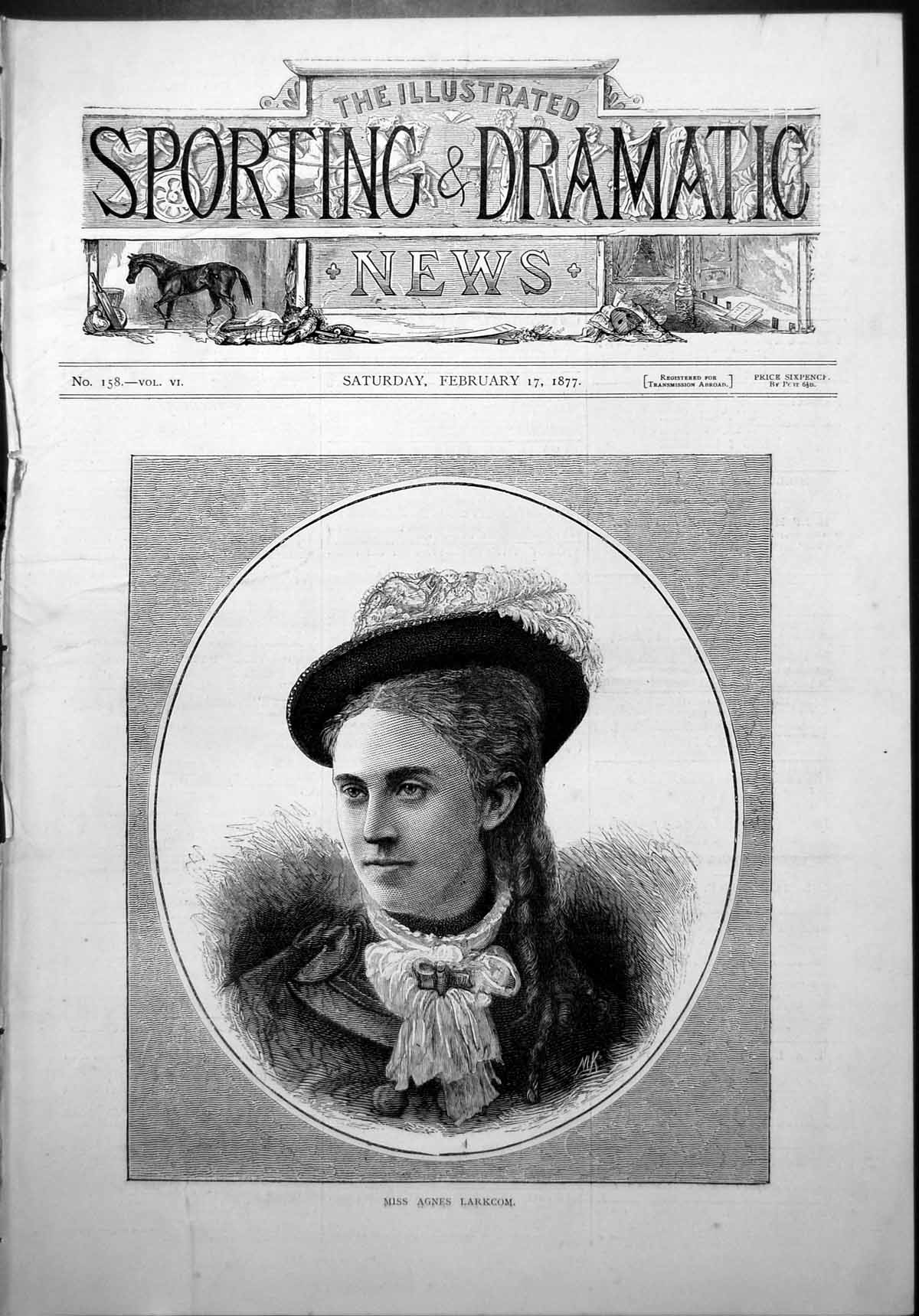 Old Print Frontispiece Miss Agnes Larkom Feathered Hat Brooch Scarf 1877 19th