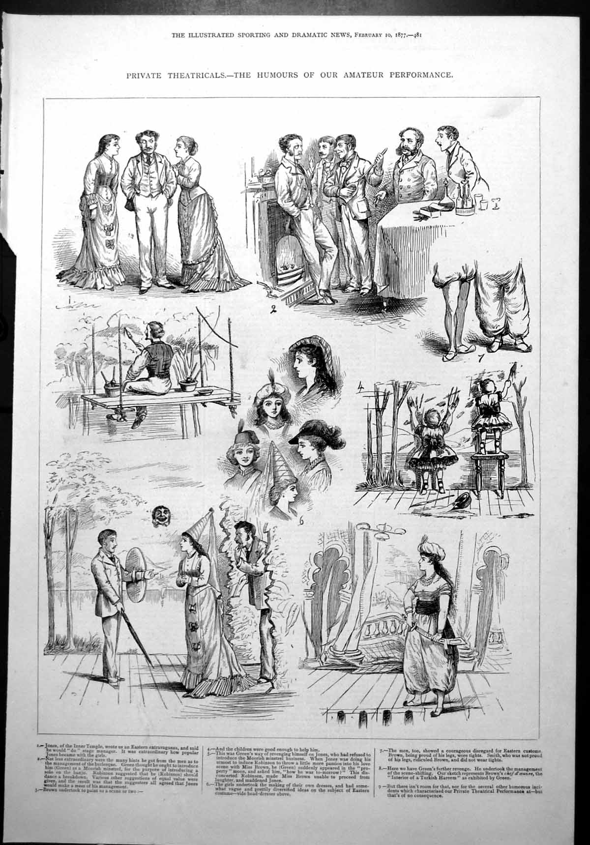 Antique Print Private Theatricals Humours Amateur Performance Sketches 1877