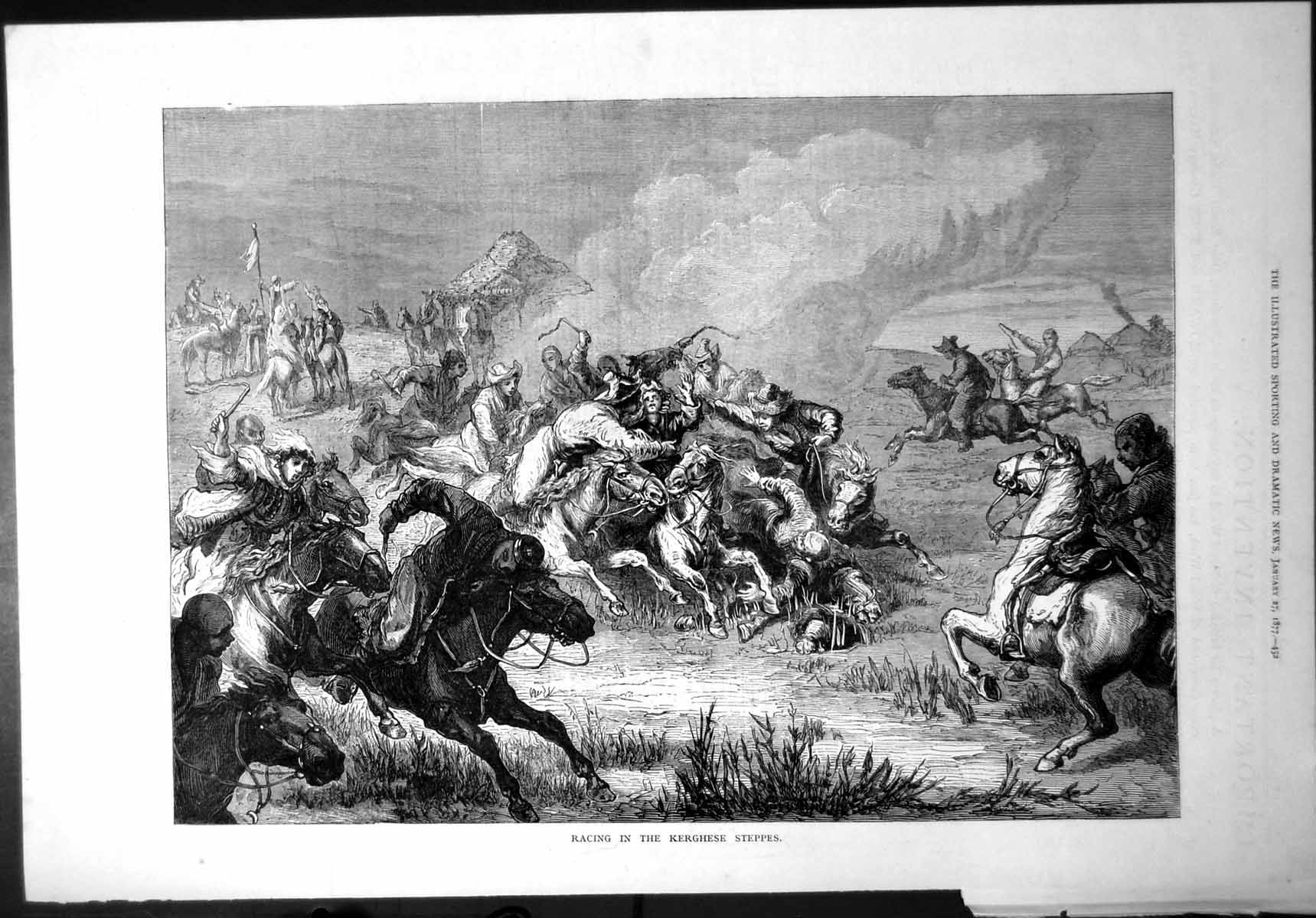 Old Print Racing Kerghese Steppes Horses Whips Men Falling Trampling 1877 19th