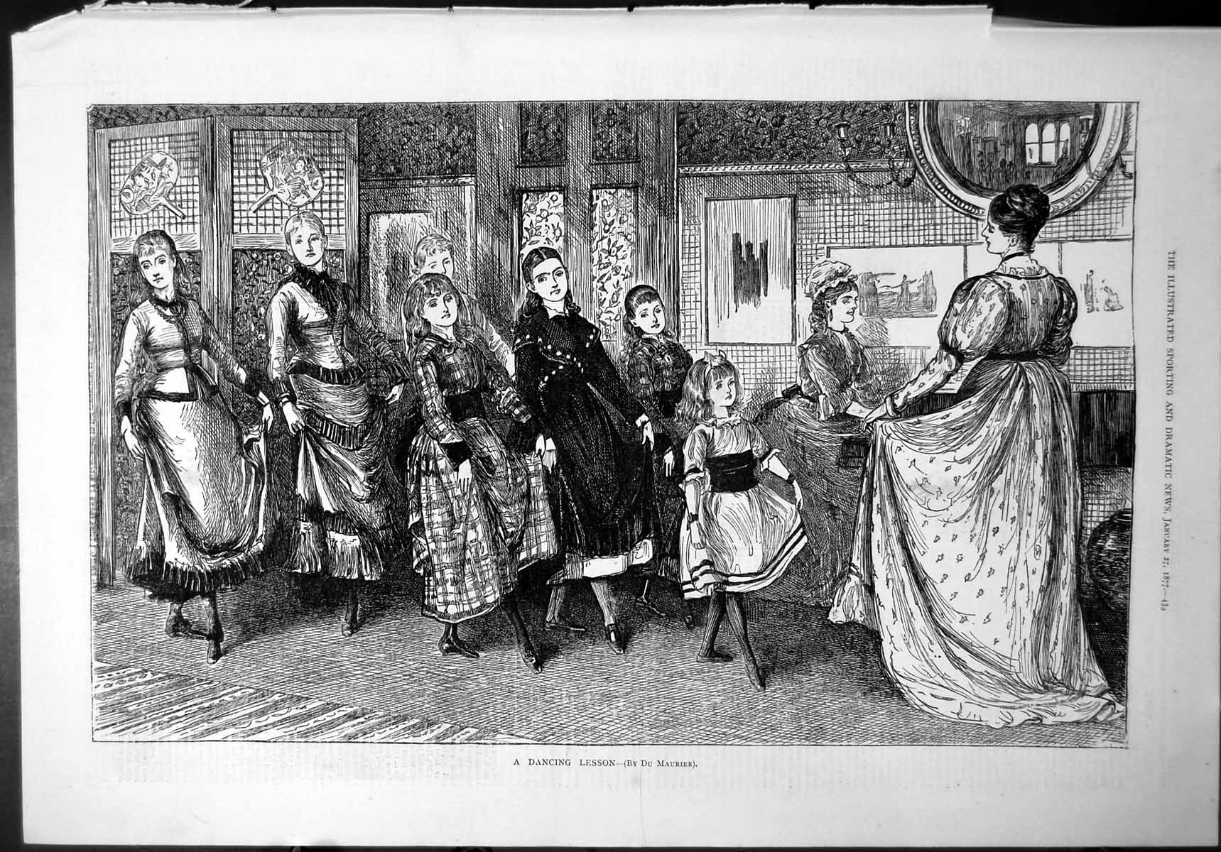 Old Dancing Lesson Du Maurier Piano Girls Young Ladies Day Dresses 18 Victorian