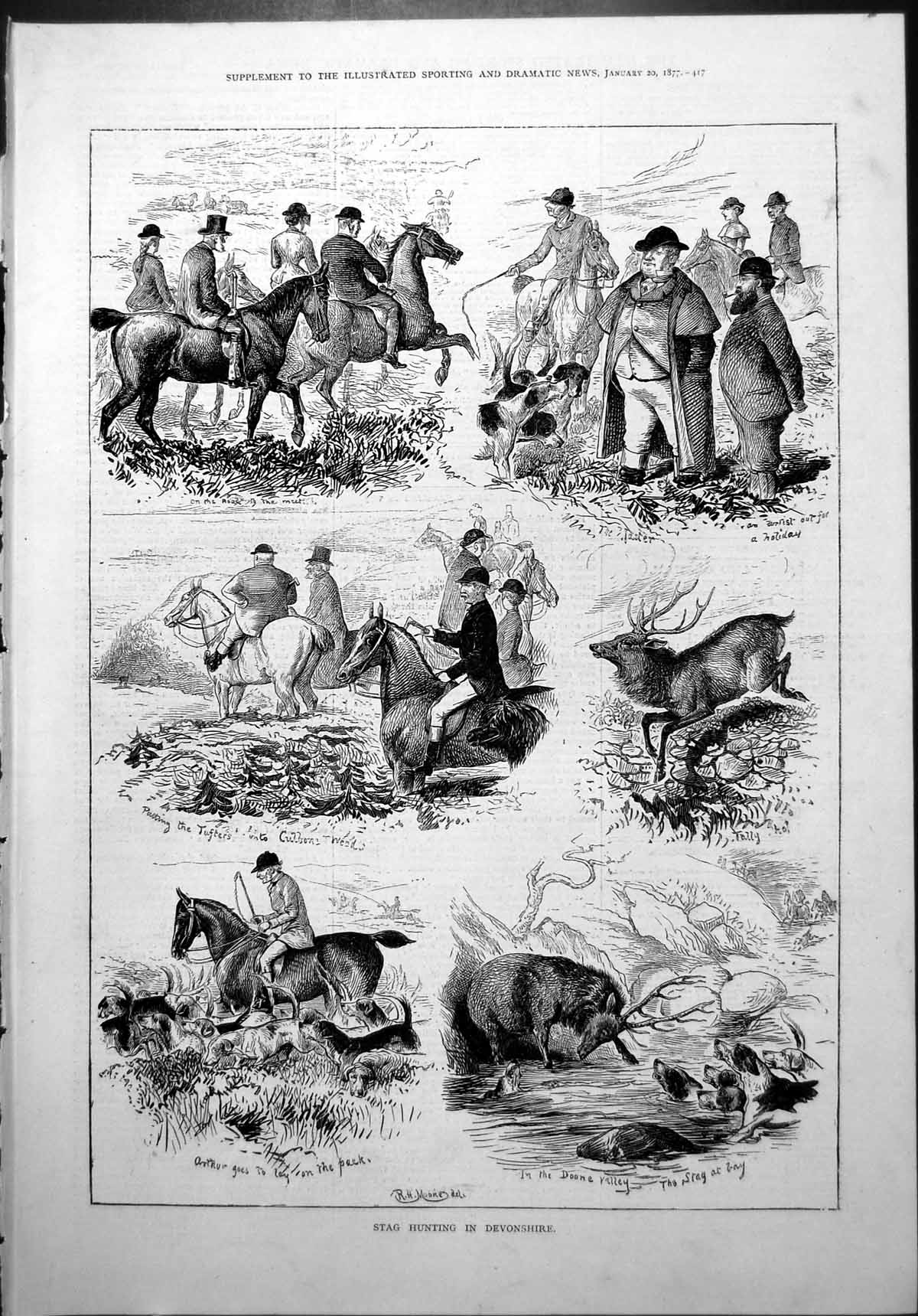 Old Stag Hunting Devonshire R.H. Moore Horses Hounds Doone Valley 187 Victorian