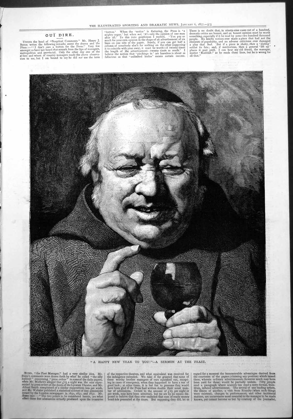 Antique Print Happy New Year Sermon Feast Monk Wine Robe Missing Tooth 1877