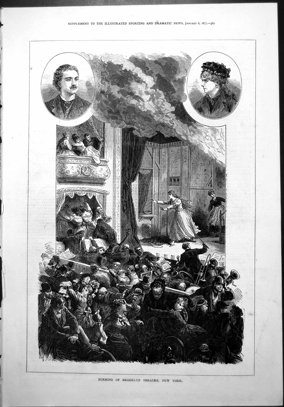 Old Print Burning Brooklyn Theatre New York Escaping Crowd Orchestra 1877 19th