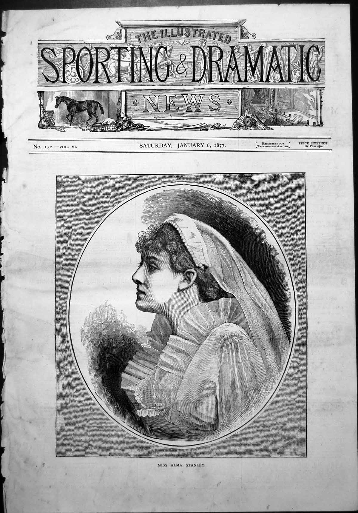 Old Frontispiece Miss Alma Stanley Lace Veil Large Ruffled Sleeves 18 Victorian