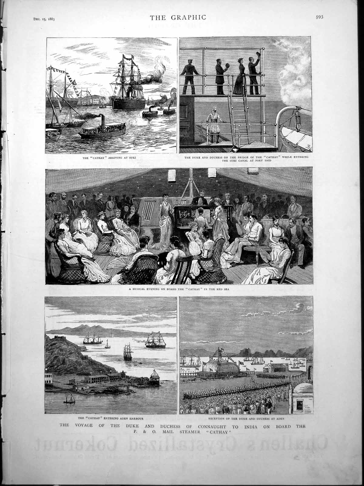 Old Print Voyage Duke Duchess Connaught India P. & O. Steamer Cathay 1883 19th