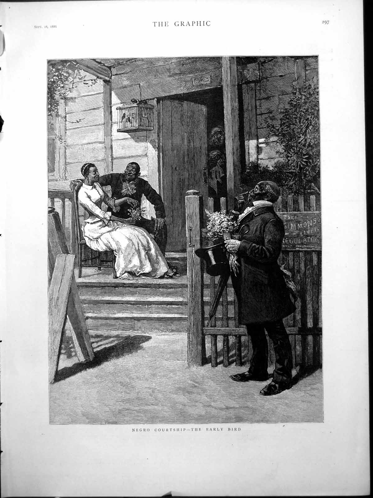Antique Print Negro Courtship Early Bird Couple Bench Man Gate Flowers 1886