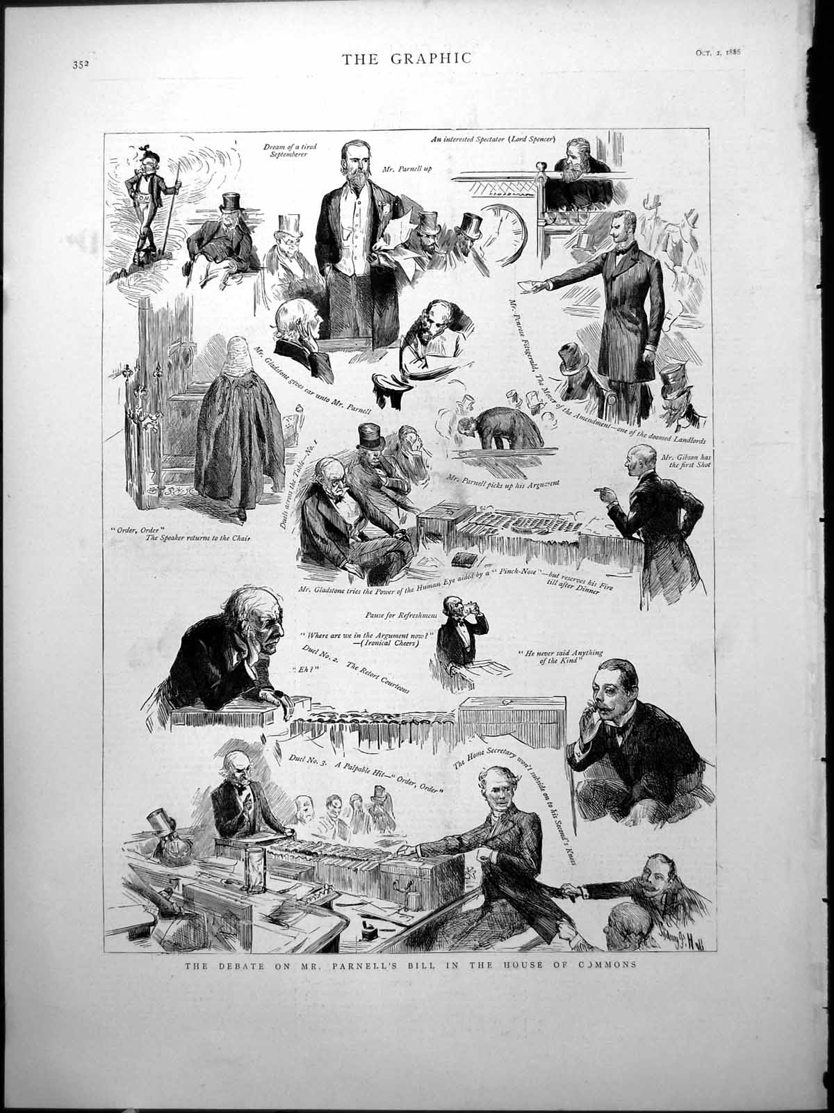Old Print Debate Sketches Mr. Parnell'S Bill House Commons Gladstone 1886 19th