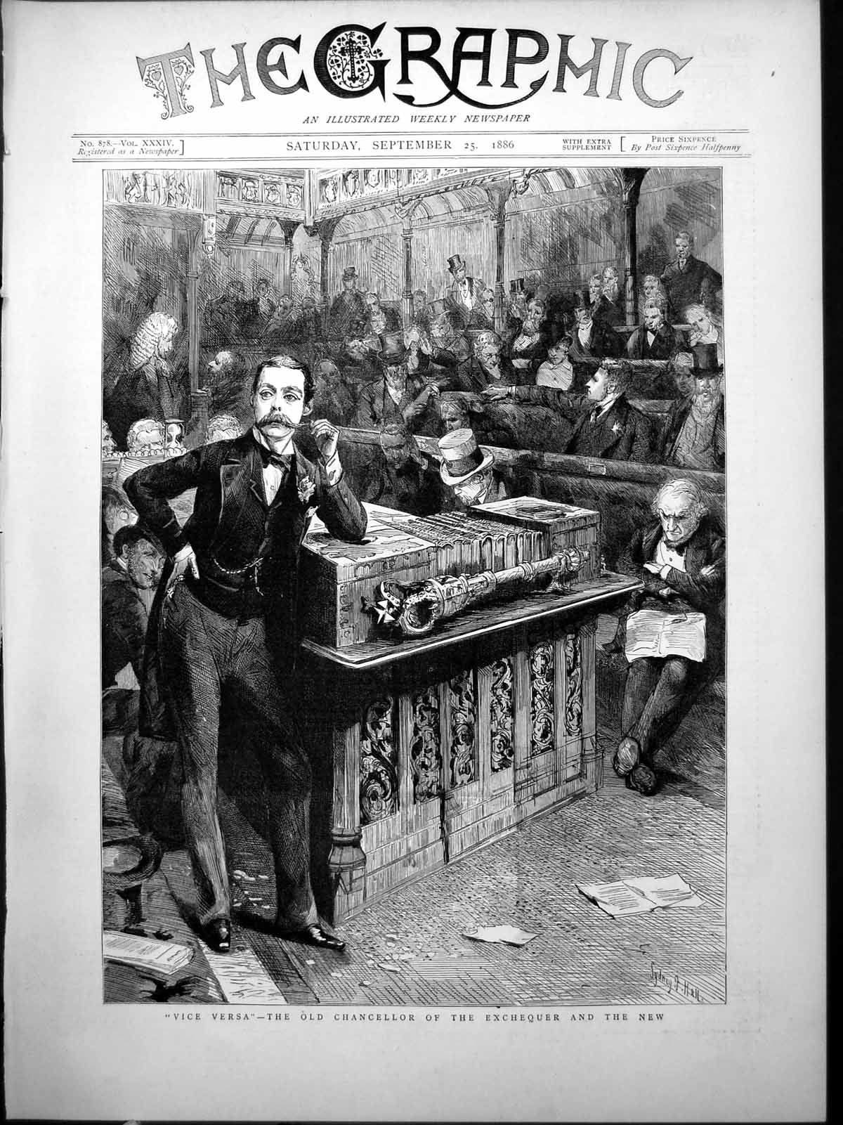 Antique Old Print ?Vice Versa? Chancellor Exchequer New House Parliament 1886