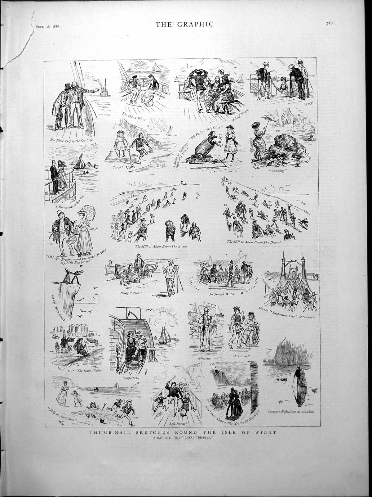 Old Print Thumb-Nail Sketches Day Tripppers Isle Wight Alum Bay Shanklin