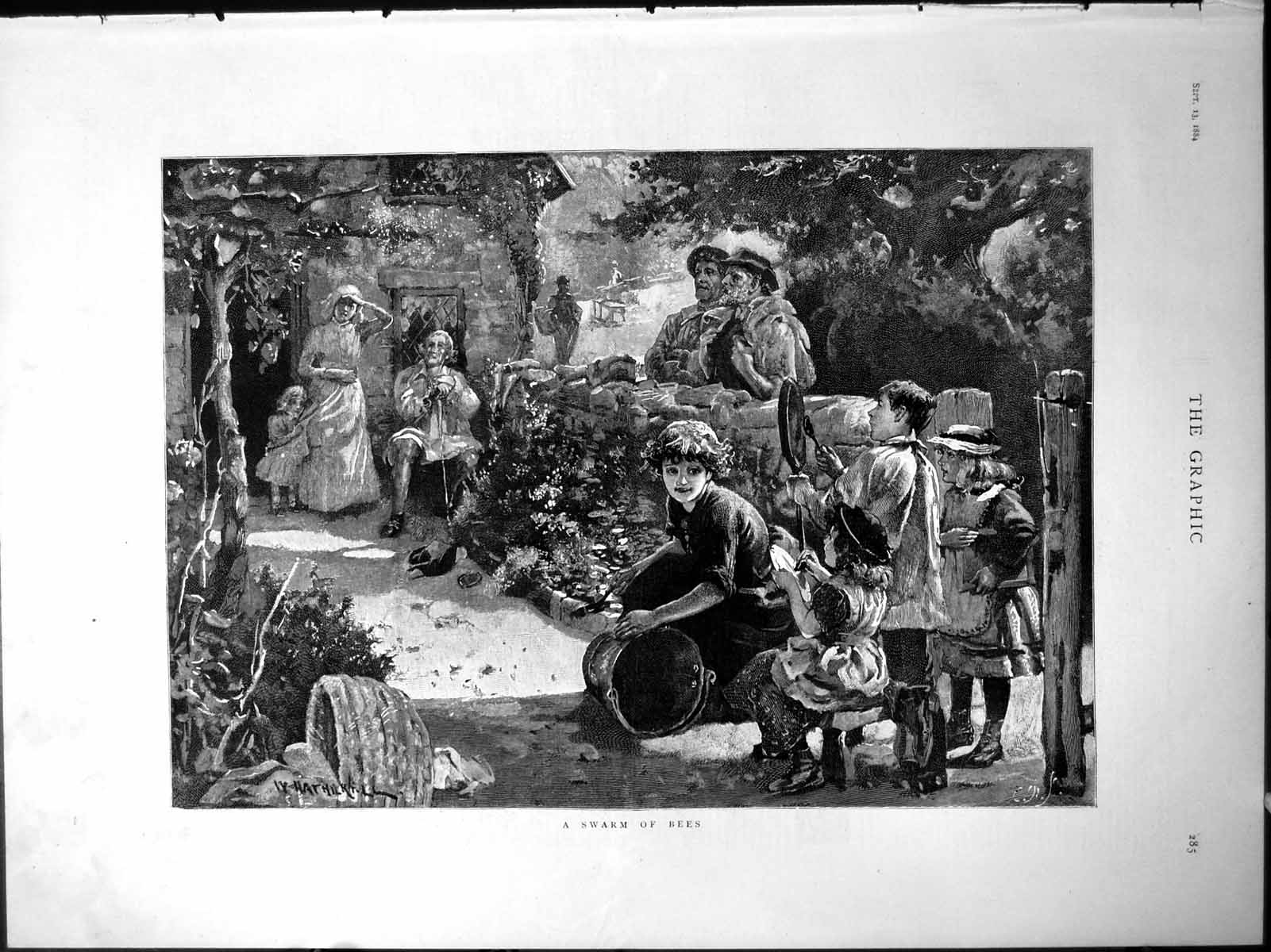 Old Print Swarm Bees Garden Scene Young Children Family Hive Flowers 1884 19th
