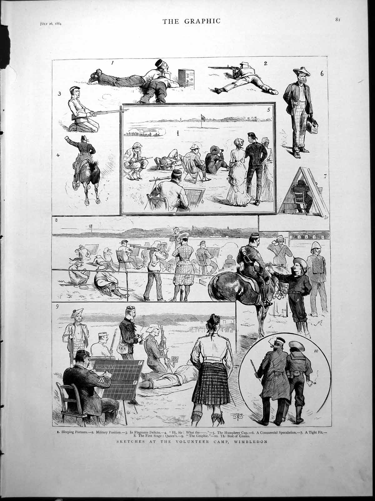 Old Print Volunteer Camp Wimbledon Riflemen Different Positions Kilt 1884 19th
