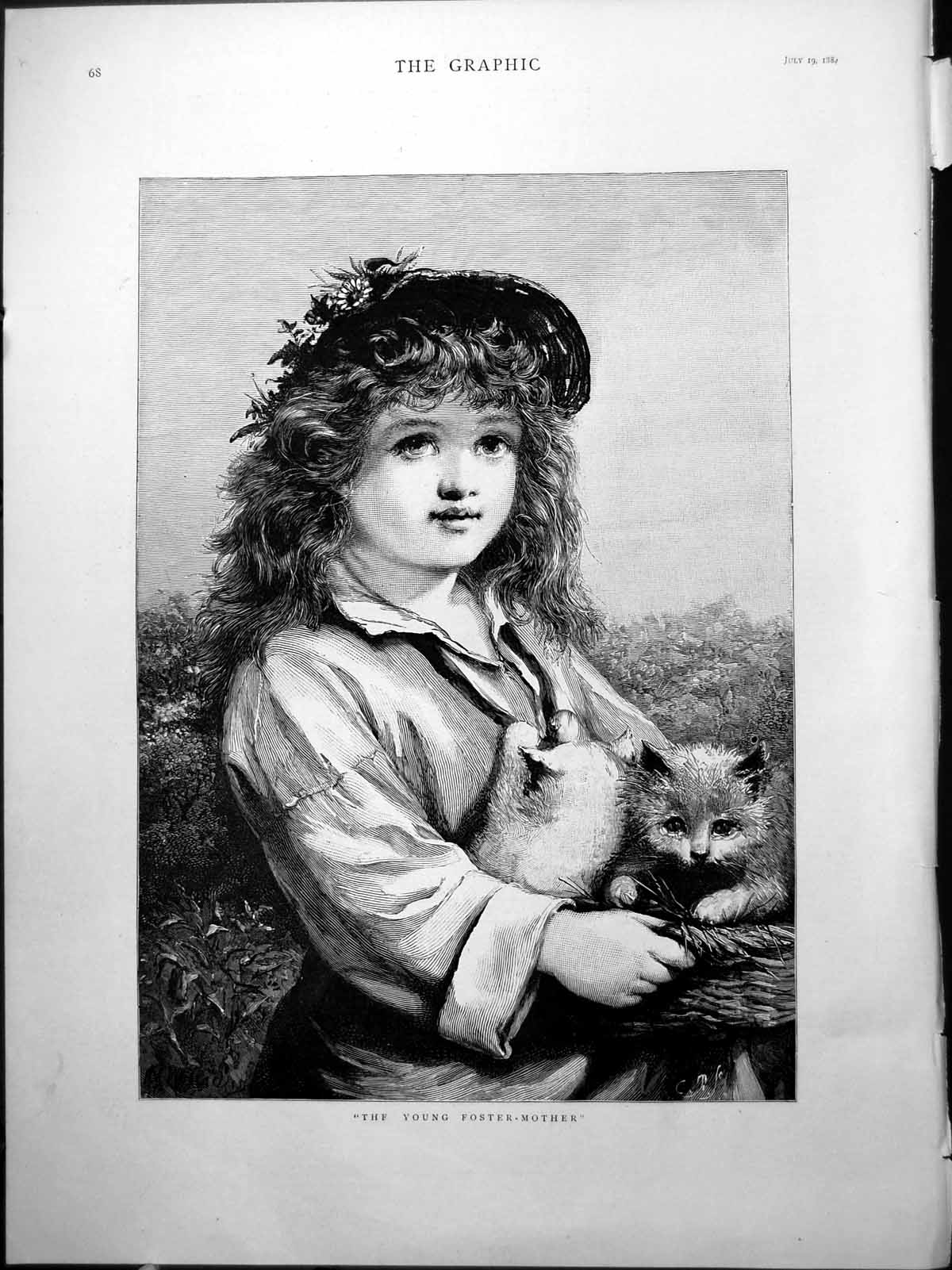 Old Print ?The Young Foster Mother? Child Flowery Hat Basket Kittens 1884 19th