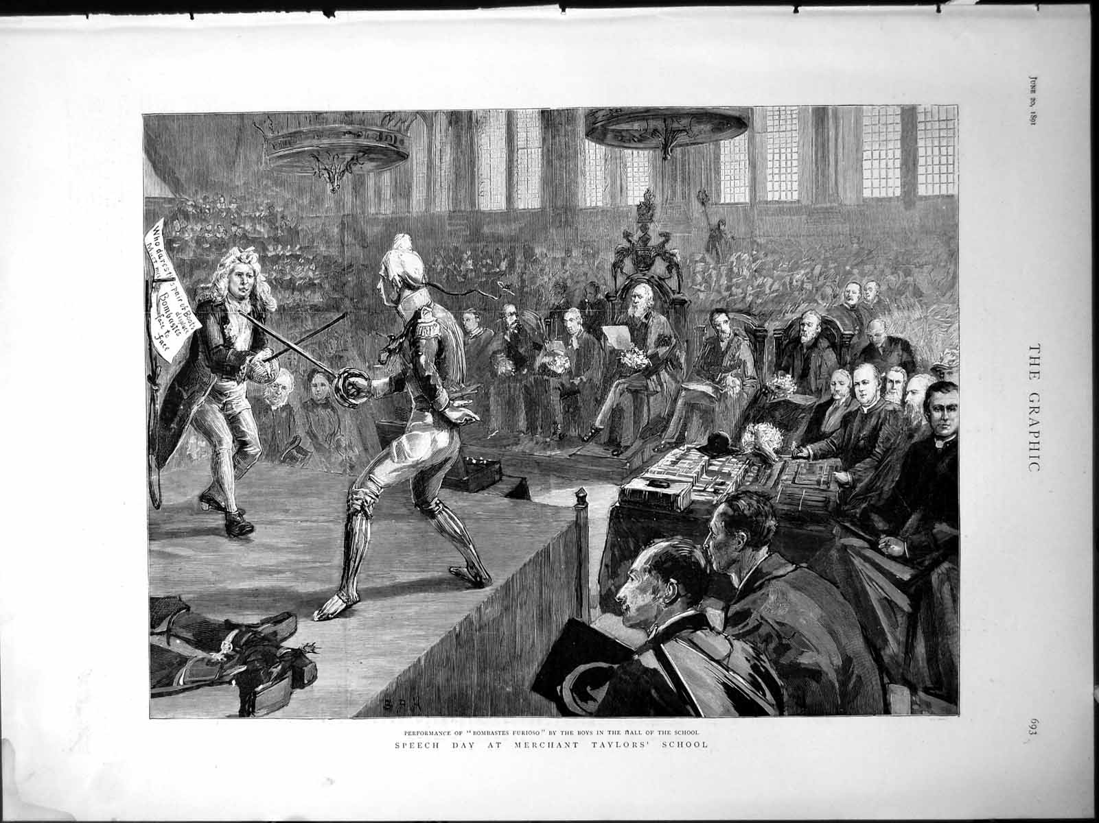 Old Print Bombastes Furioso Performance School Hall Merchant Taylor 1891 19th