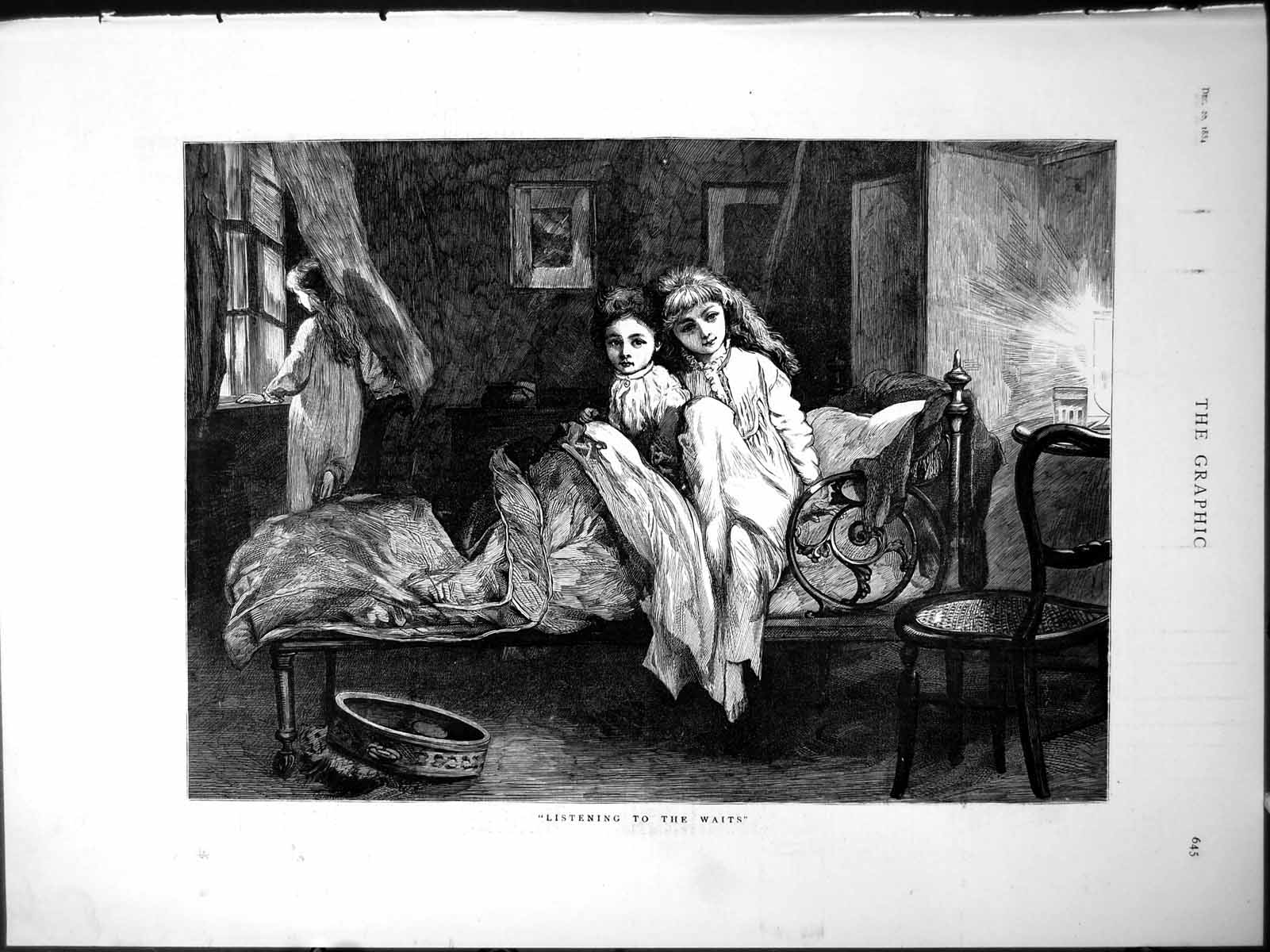 Old Print Listening Waits Three Children Bed Tambourine Window Open 1884 19th
